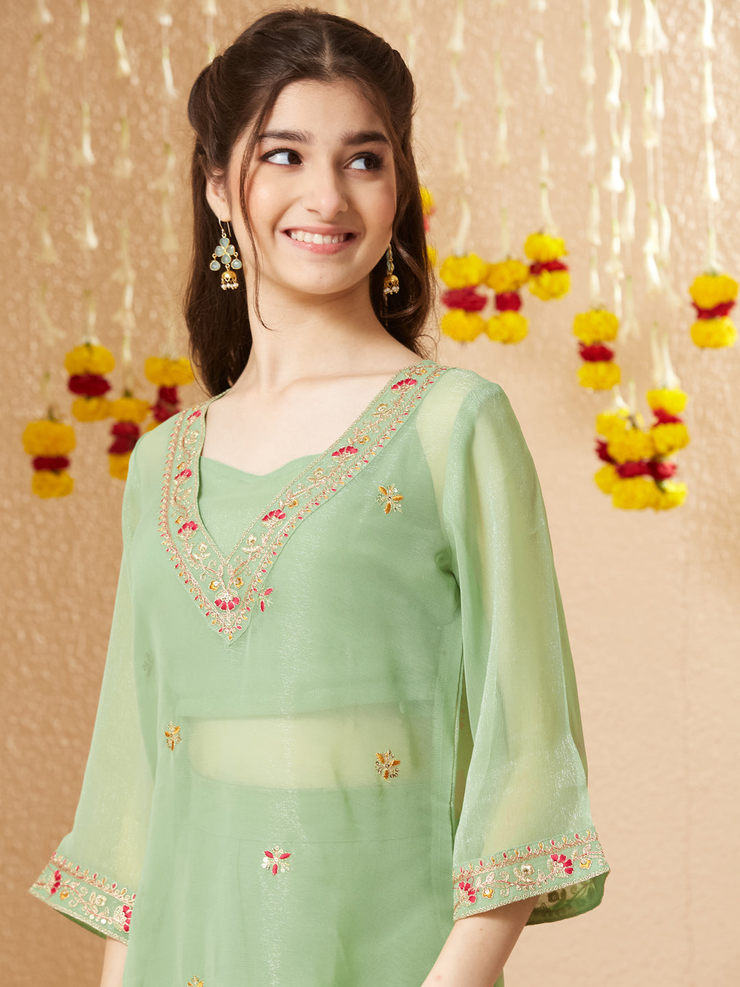 Pista Embroidered Kurta Set with Straight Pants