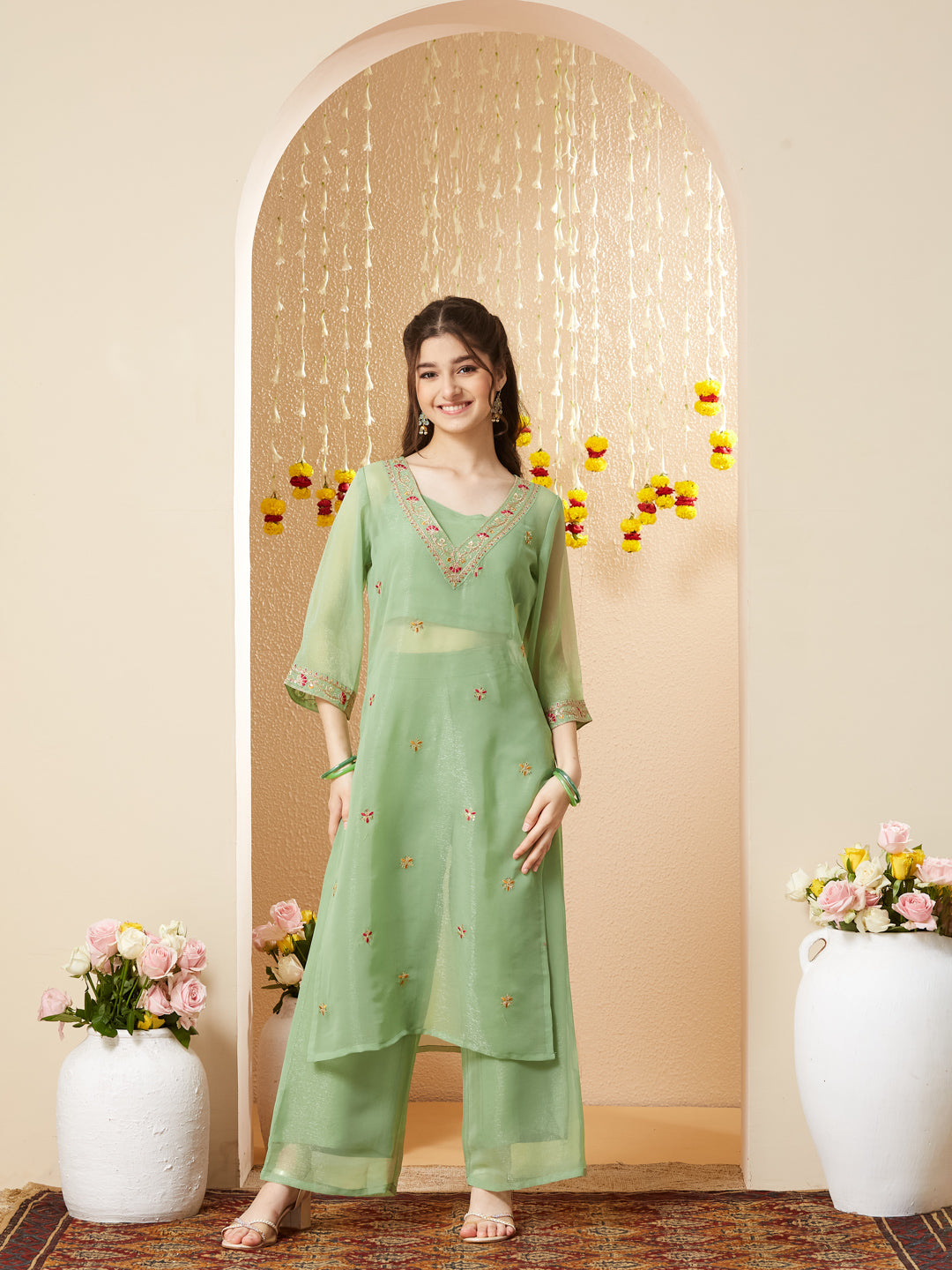 Pista Embroidered Kurta Set with Straight Pants