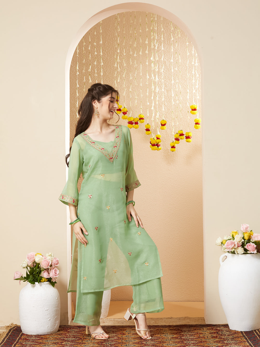 Pista Embroidered Kurta Set with Straight Pants