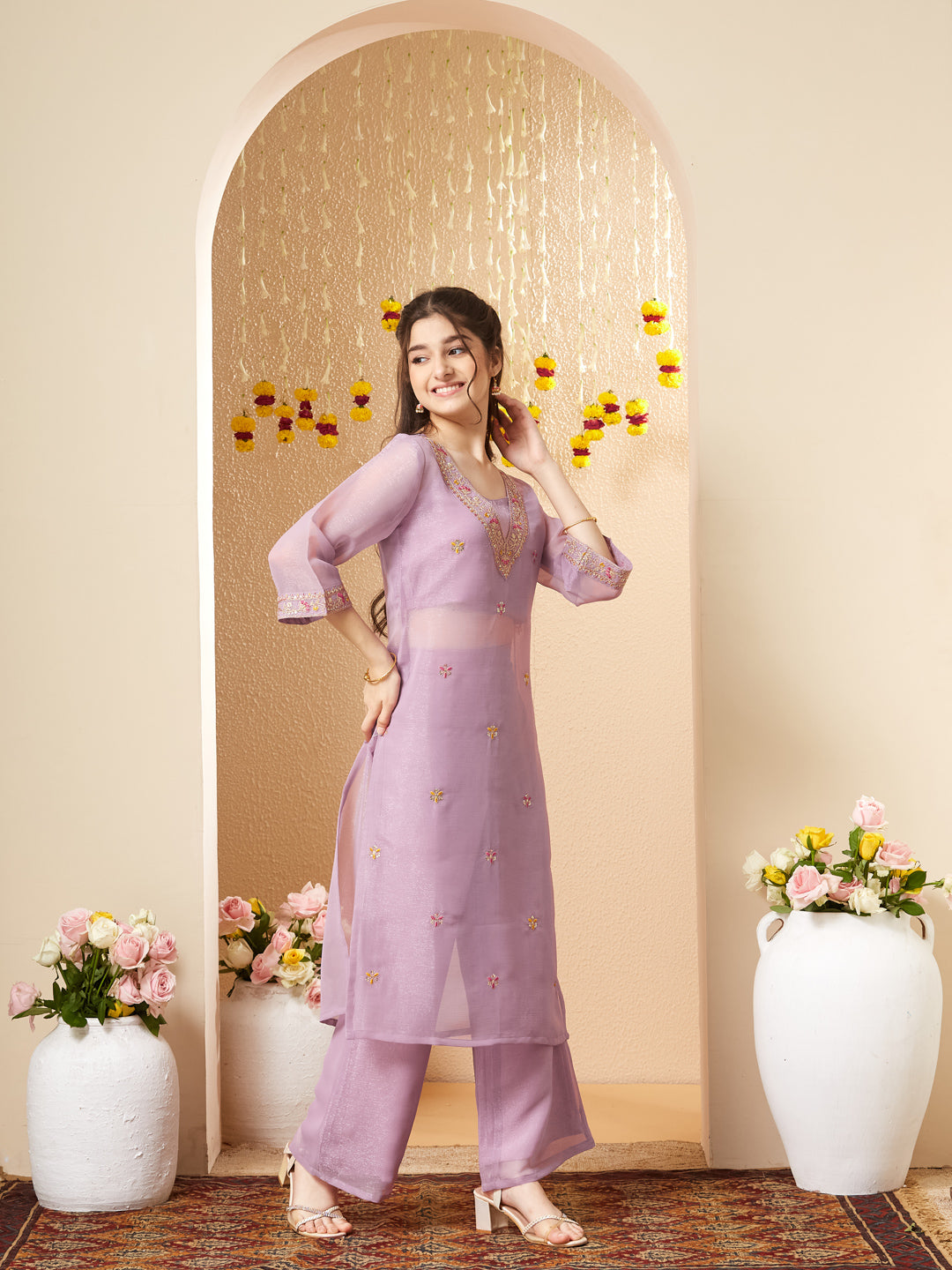 Lavender Embroidered Kurta Set with Straight Pants