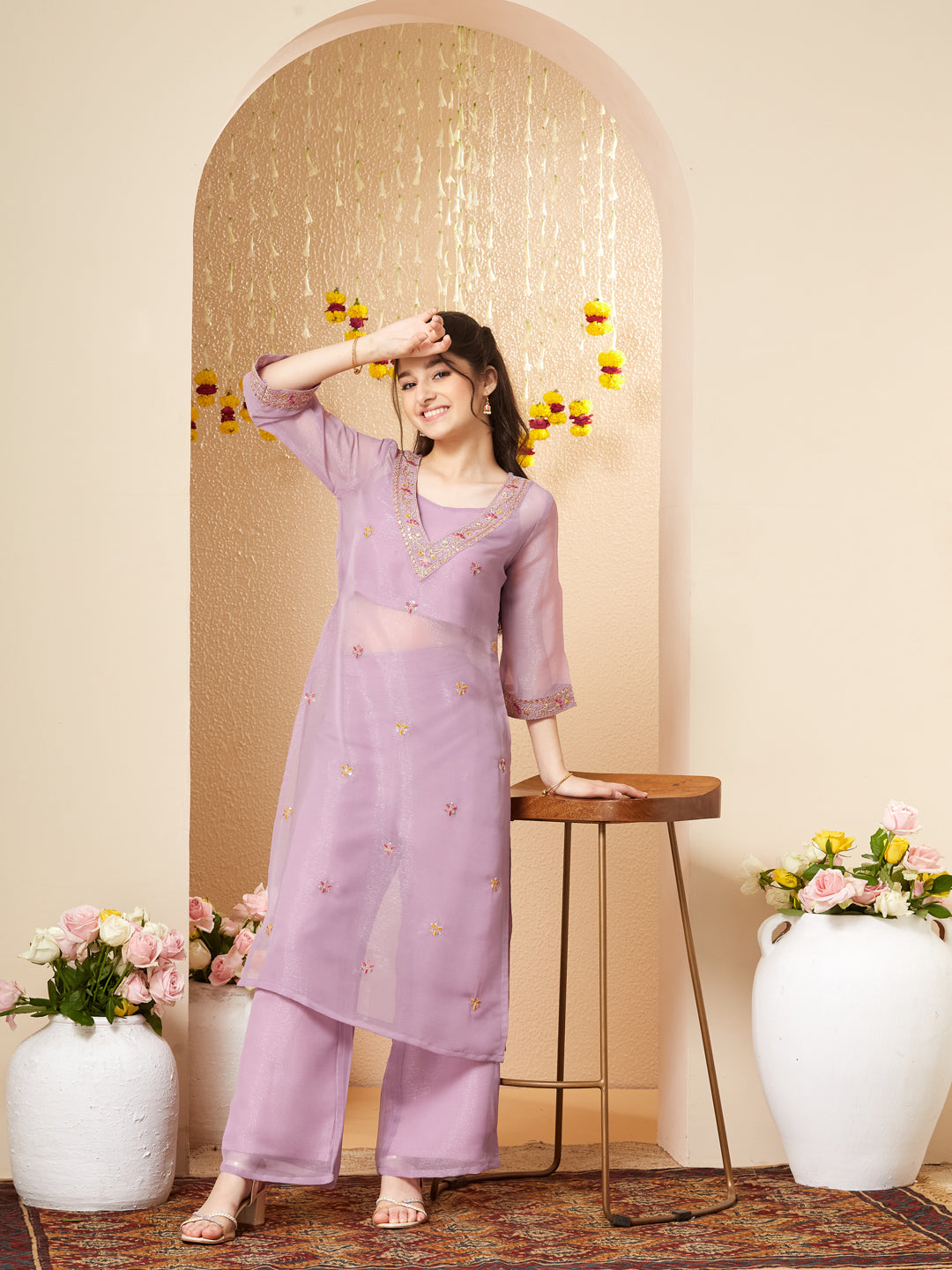 Lavender Embroidered Kurta Set with Straight Pants