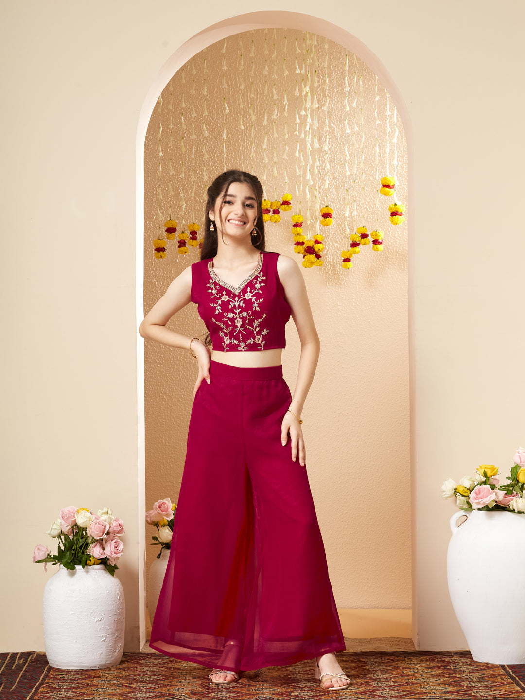 Rani Chiffon Embroidered Top Palazzo Set with Jacket for Girls