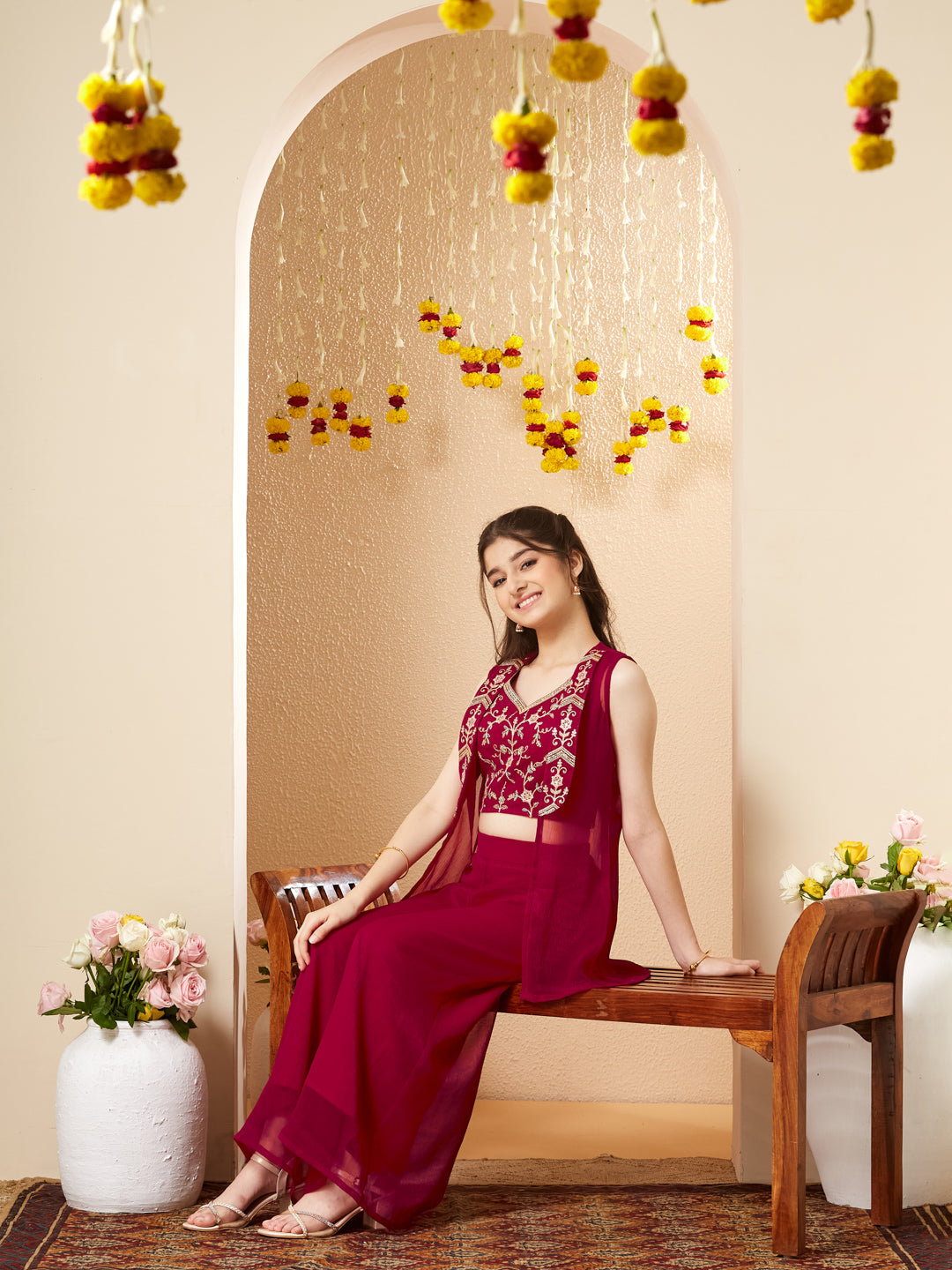 Rani Chiffon Embroidered Top Palazzo Set with Jacket for Girls
