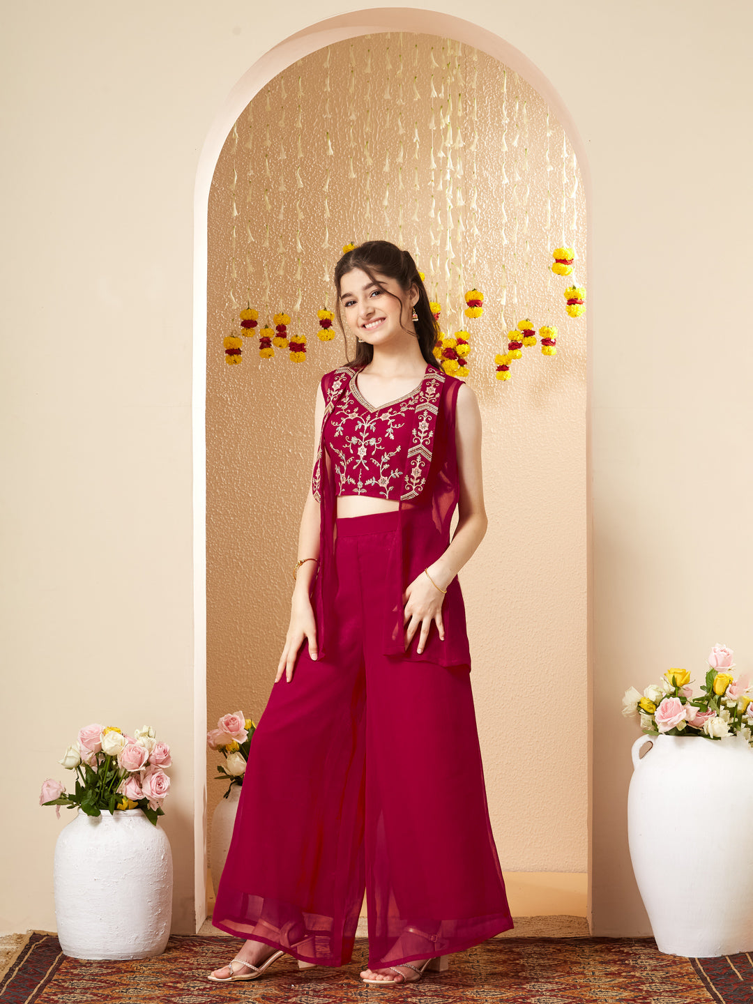 Rani Chiffon Embroidered Top Palazzo Set with Jacket for Girls