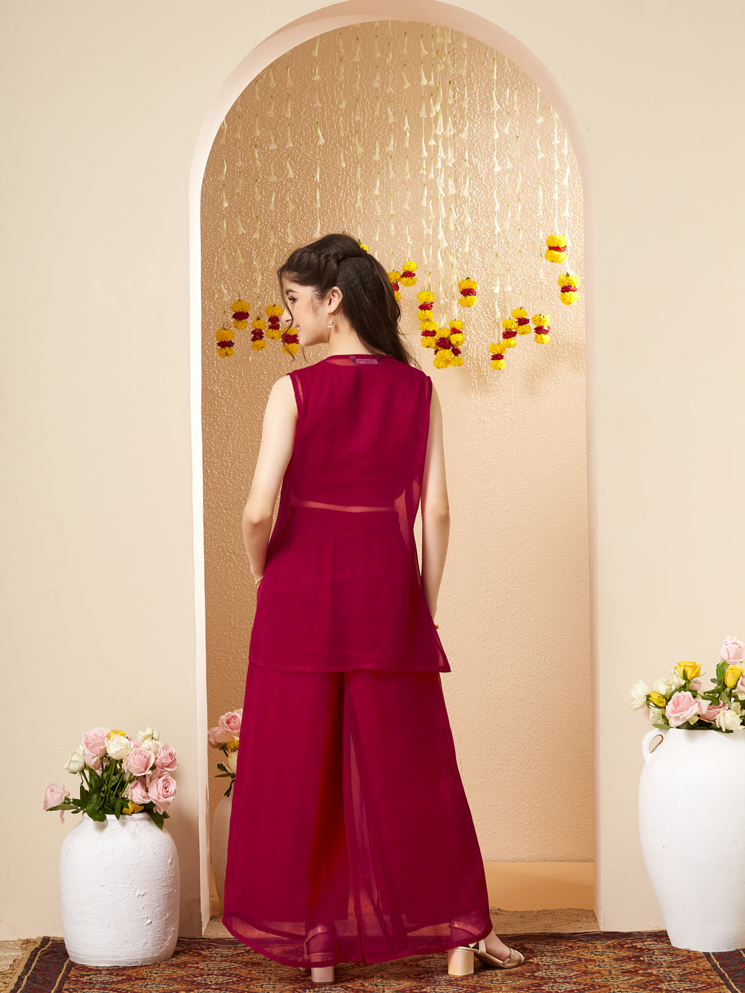 Rani Chiffon Embroidered Top Palazzo Set with Jacket for Girls