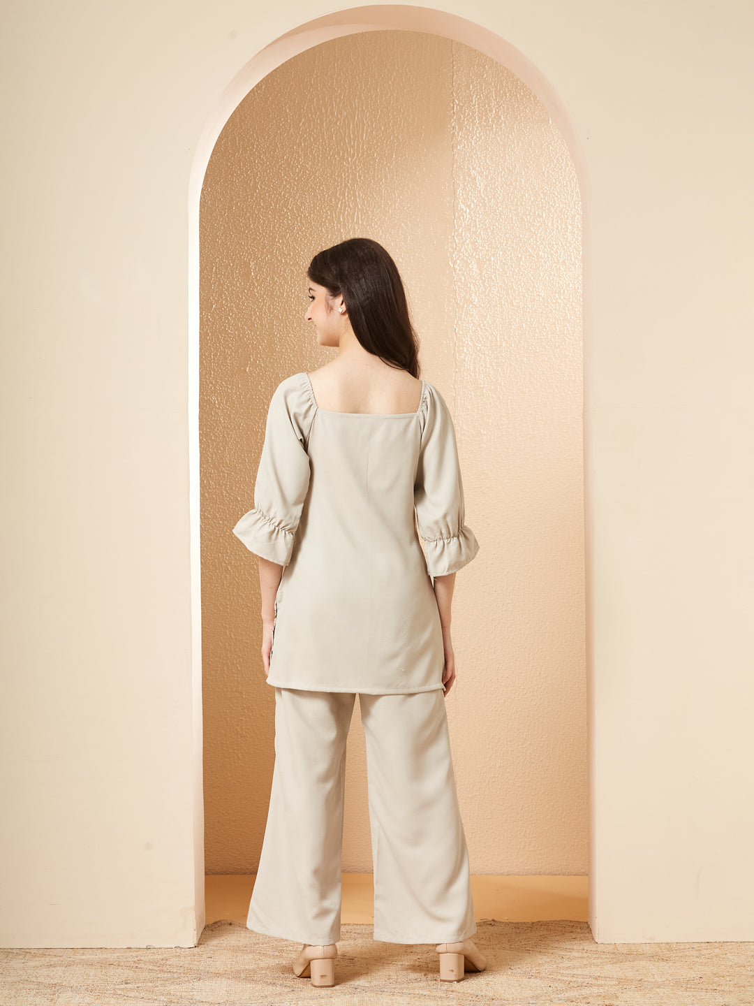 Cream Viscose Blend Embroidered Co-ords Set for Girls