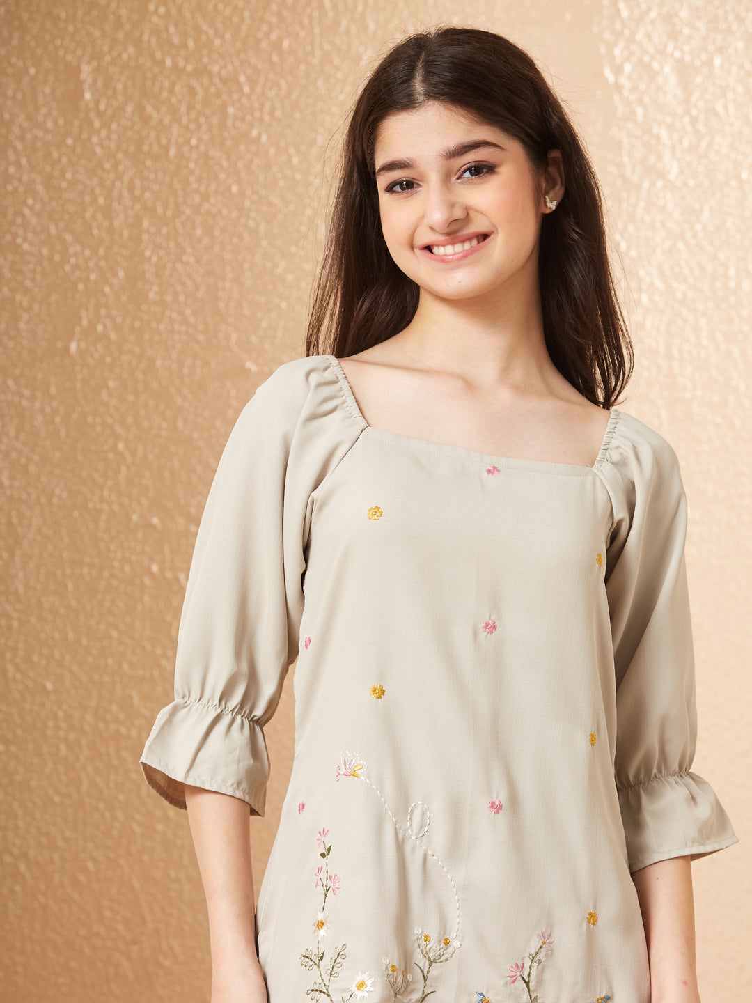Cream Viscose Blend Embroidered Co-ords Set for Girls