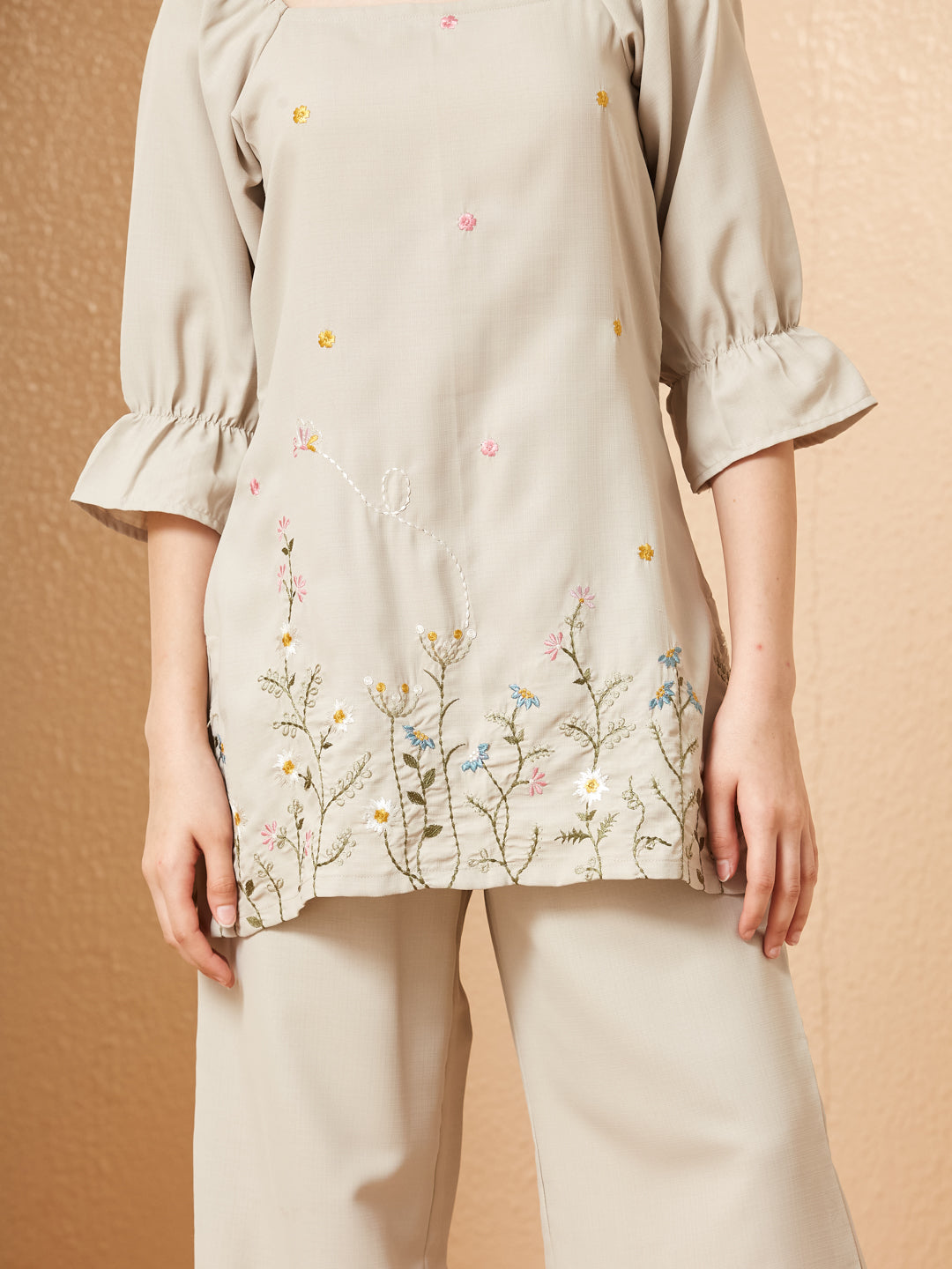 Cream Viscose Blend Embroidered Co-ords Set for Girls