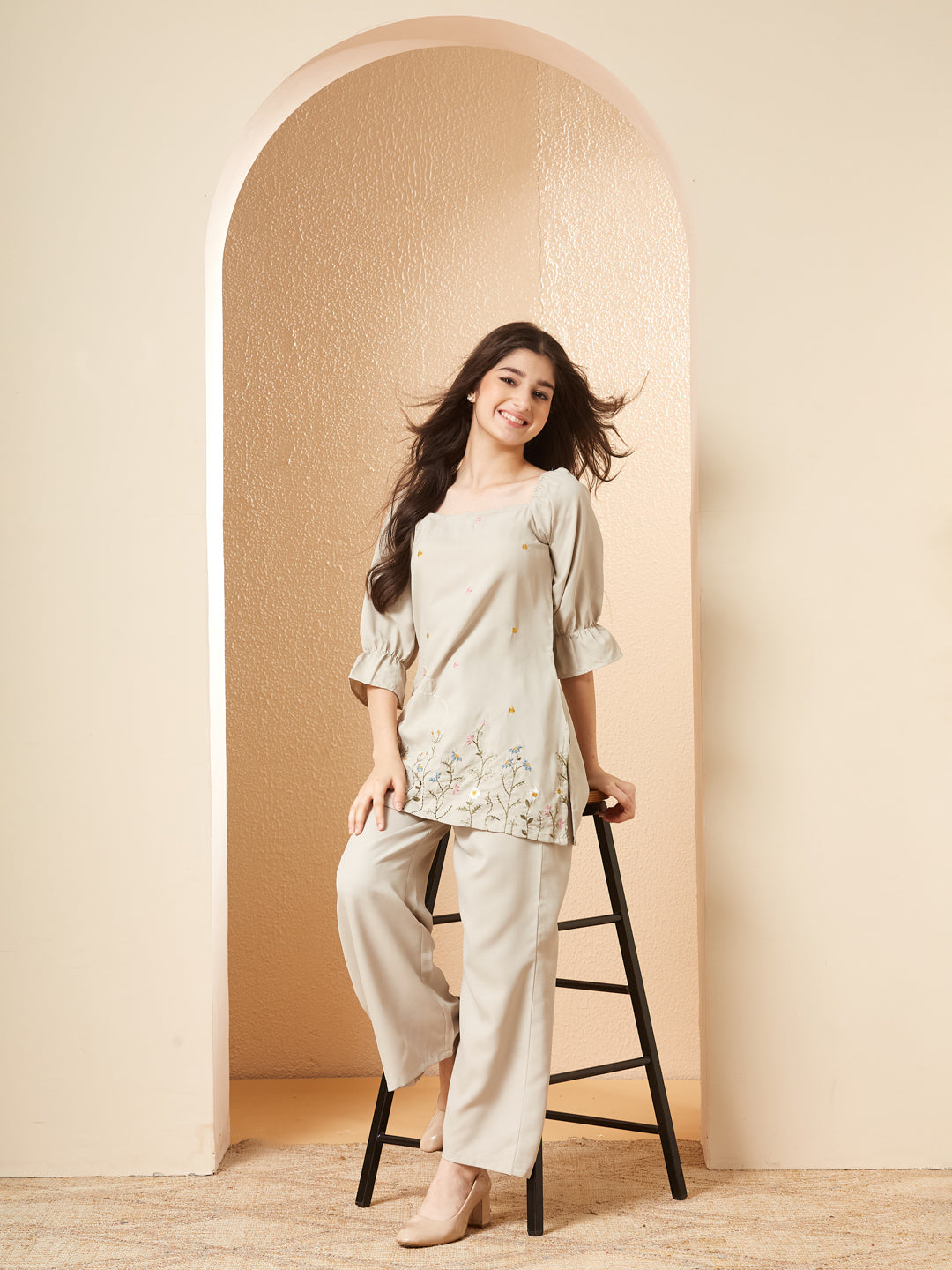 Cream Viscose Blend Embroidered Co-ords Set for Girls