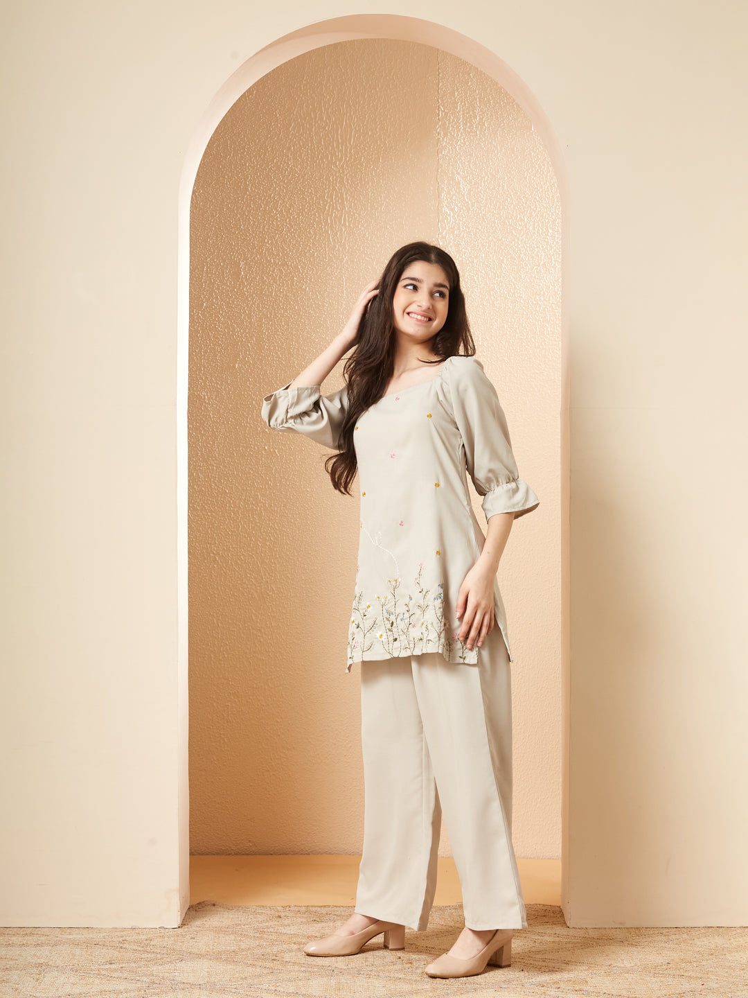 Cream Viscose Blend Embroidered Co-ords Set for Girls