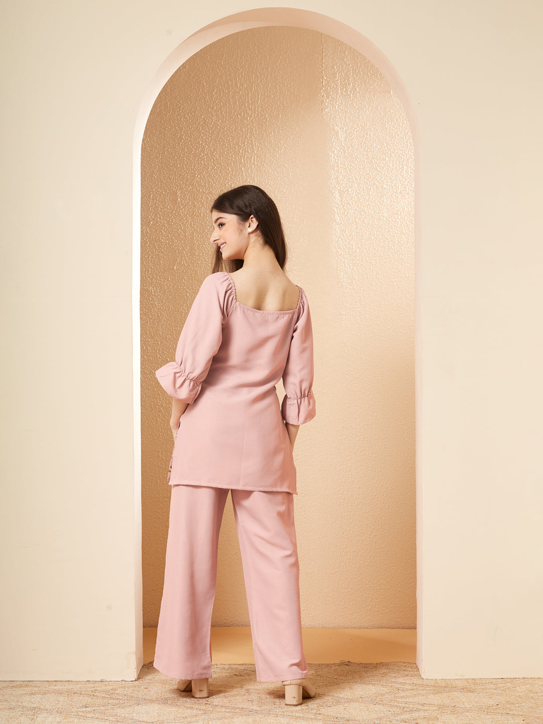 Pink Viscose Blend Embroidered Co-ords Set for Girls