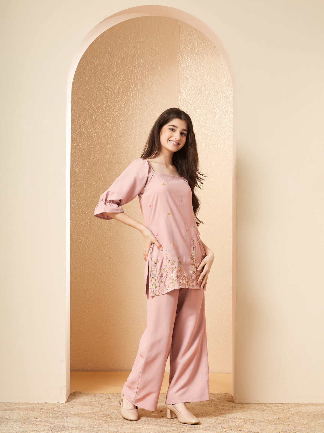Pink Viscose Blend Embroidered Co-ords Set for Girls