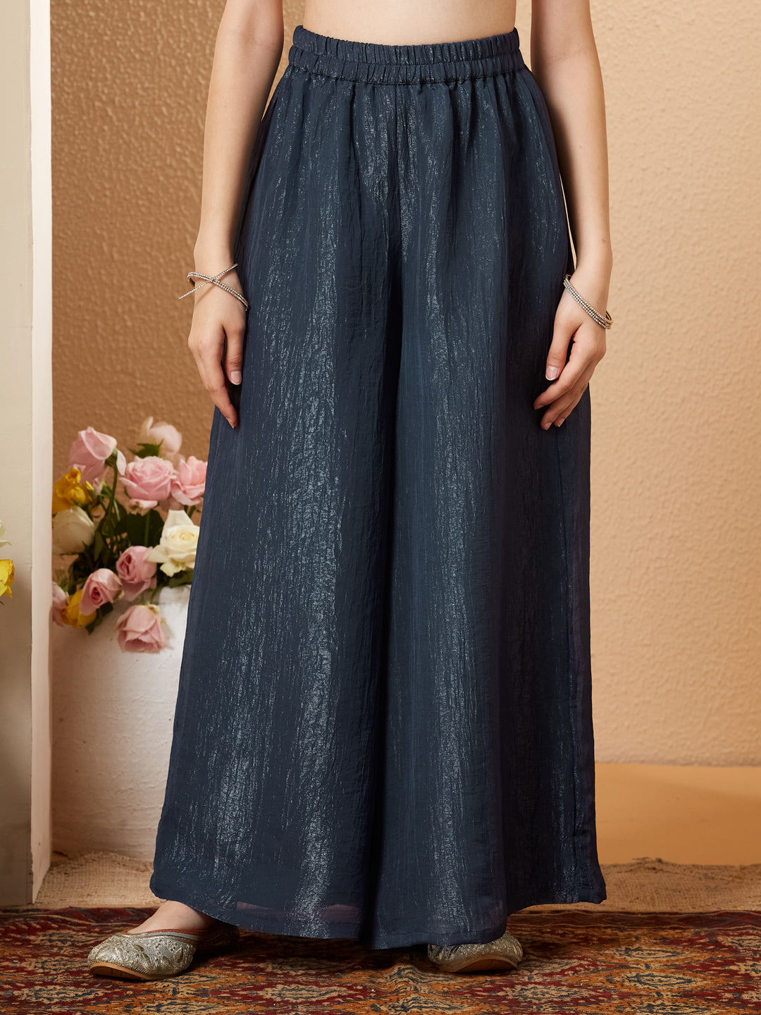 Navy Blue Silk Embroidered Wrap Kurta with Palazzo Set for Girls
