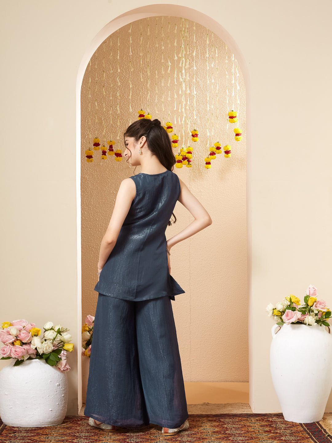 Navy Blue Silk Embroidered Wrap Kurta with Palazzo Set for Girls