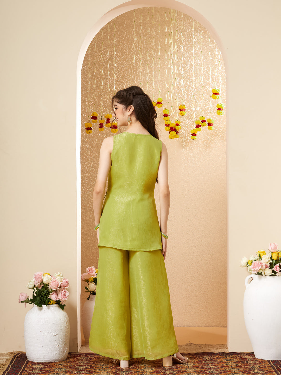 Neon Silk Embroidered Wrap Kurta with Palazzo Set for Girls