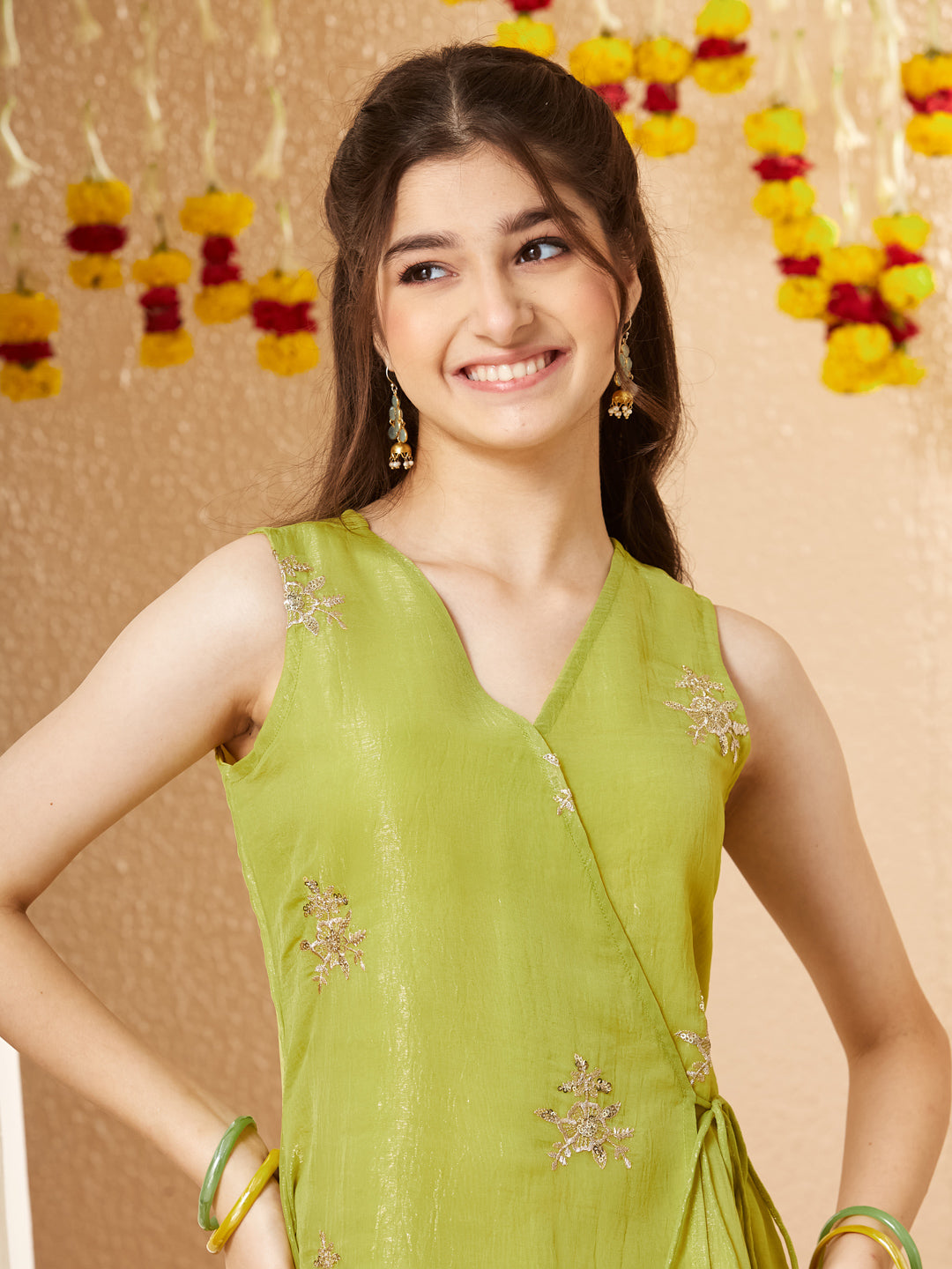 Neon Silk Embroidered Wrap Kurta with Palazzo Set for Girls
