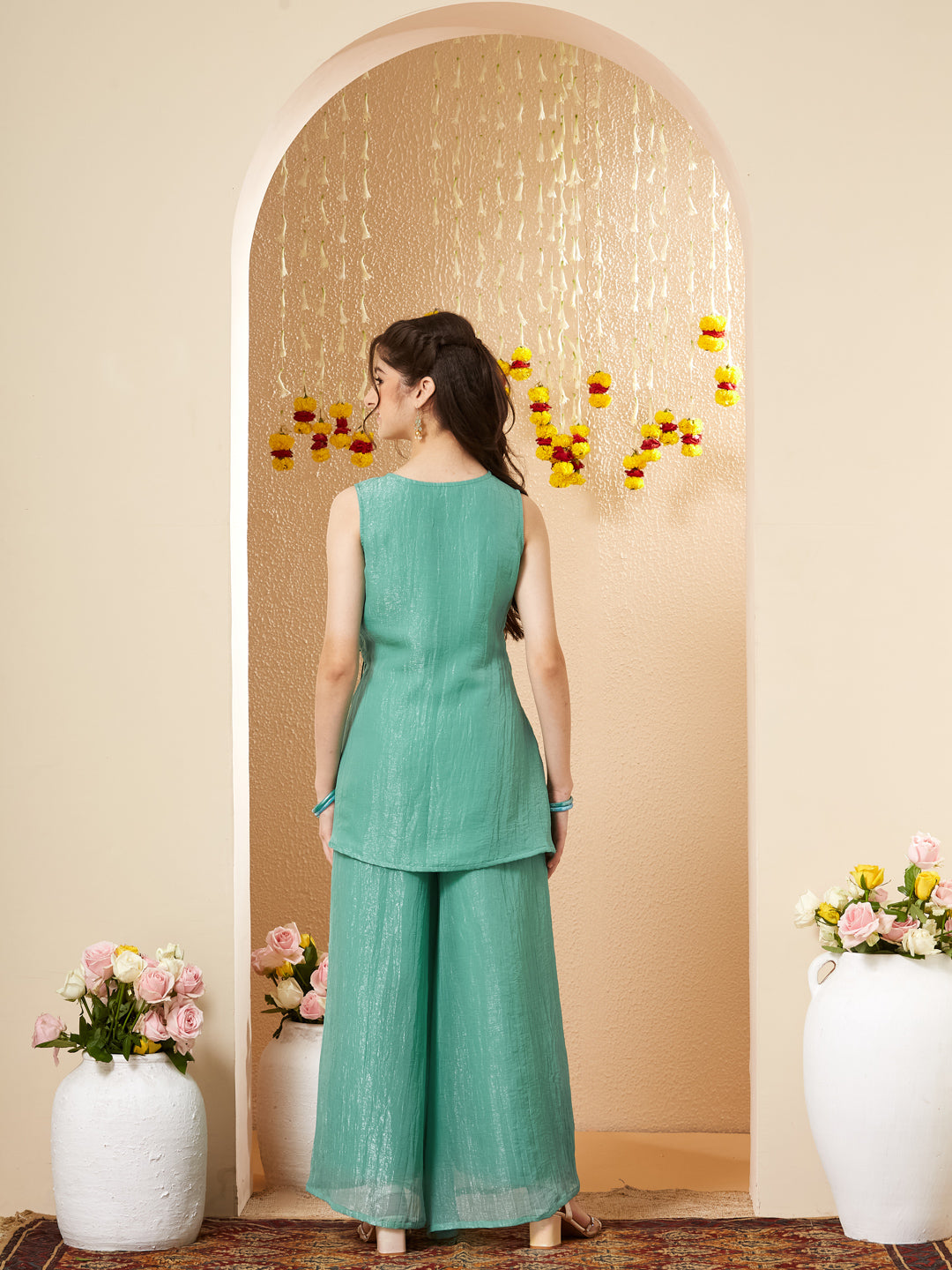 Mint Silk Embroidered Wrap Kurta with Palazzo Set for Girls