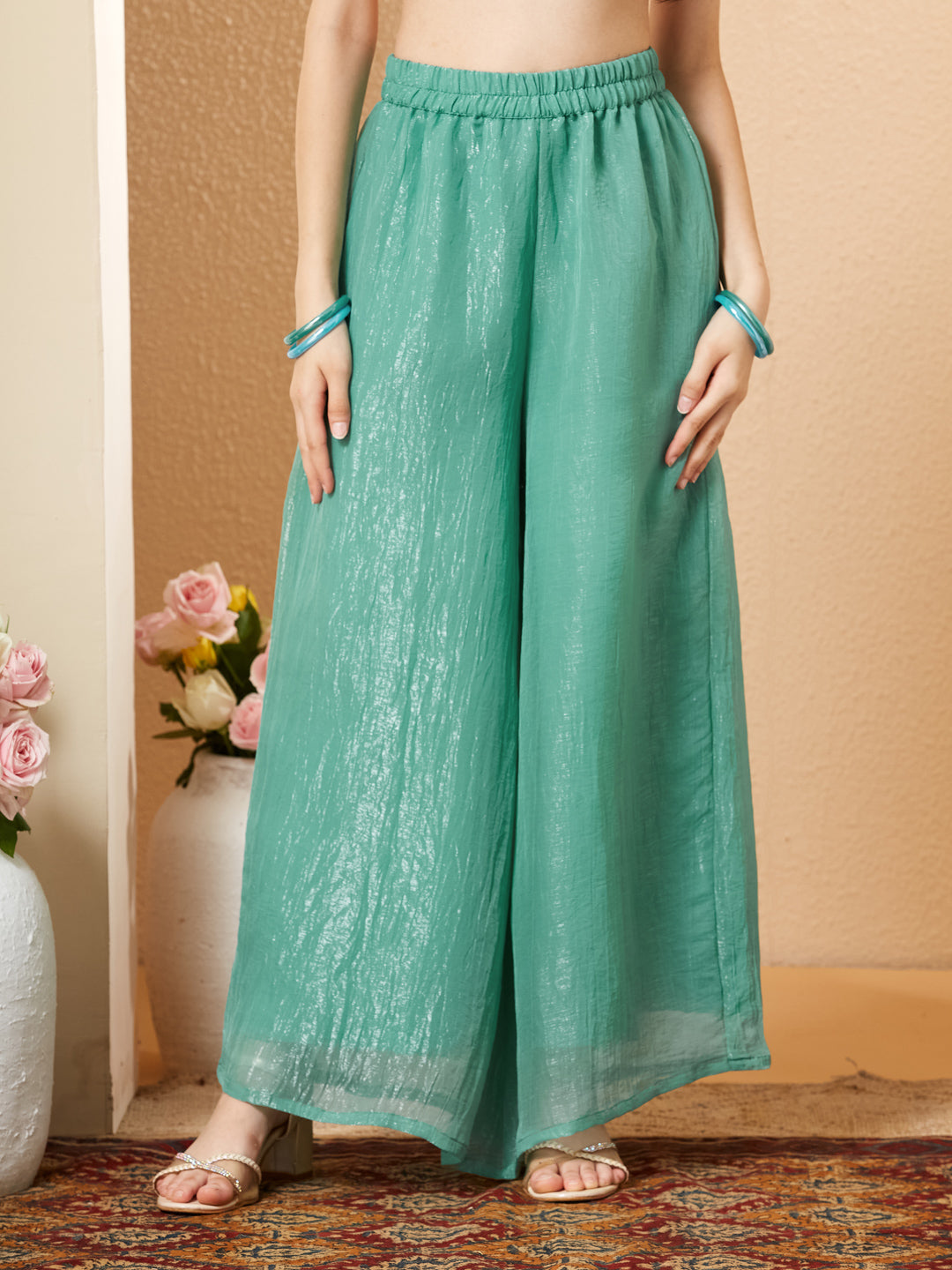 Mint Silk Embroidered Wrap Kurta with Palazzo Set for Girls