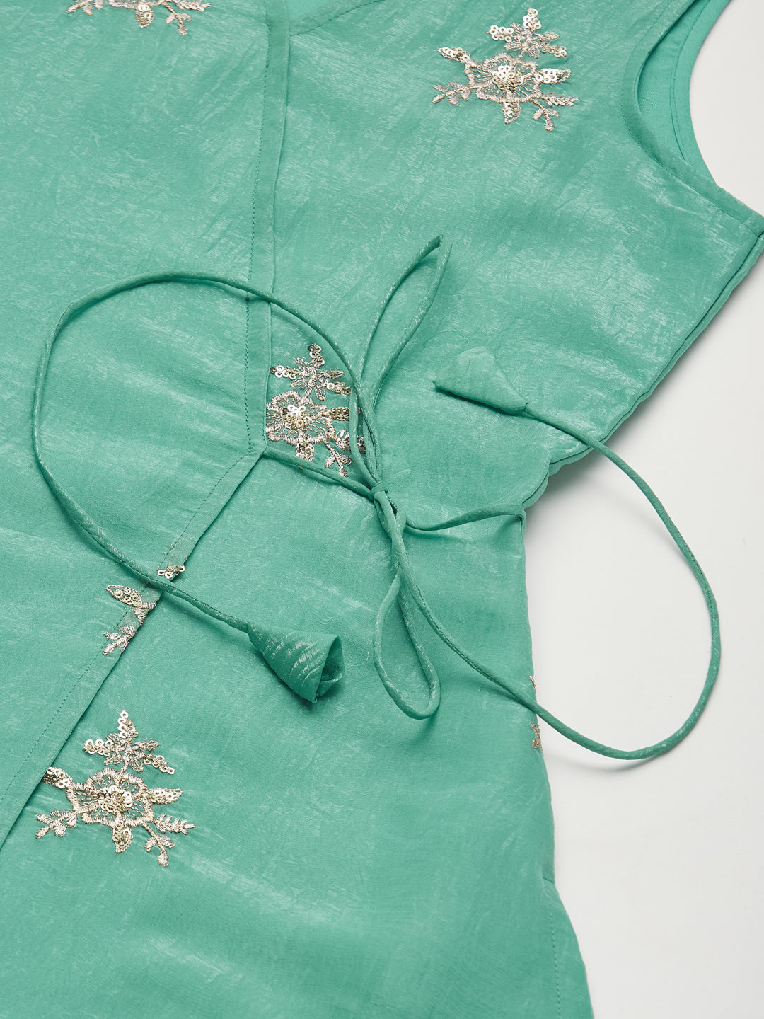 Mint Silk Embroidered Wrap Kurta with Palazzo Set for Girls