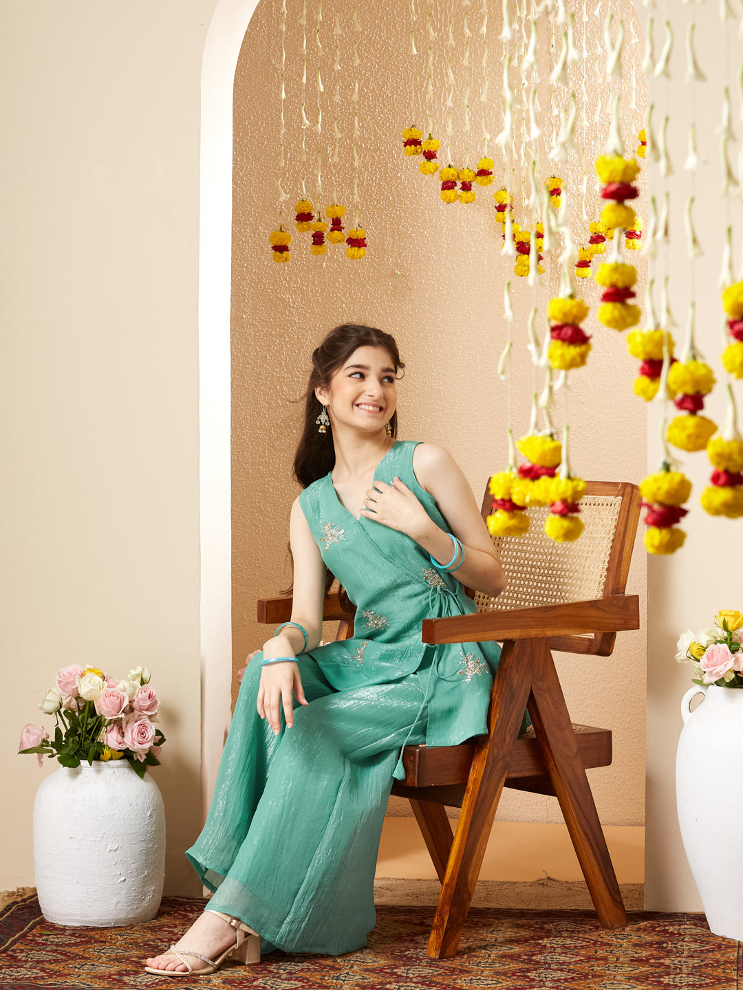 Mint Silk Embroidered Wrap Kurta with Palazzo Set for Girls