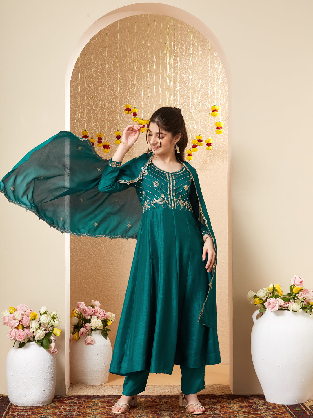 Rama Silk Embroidered Anarkali Pant & Dupatta Set for Girls