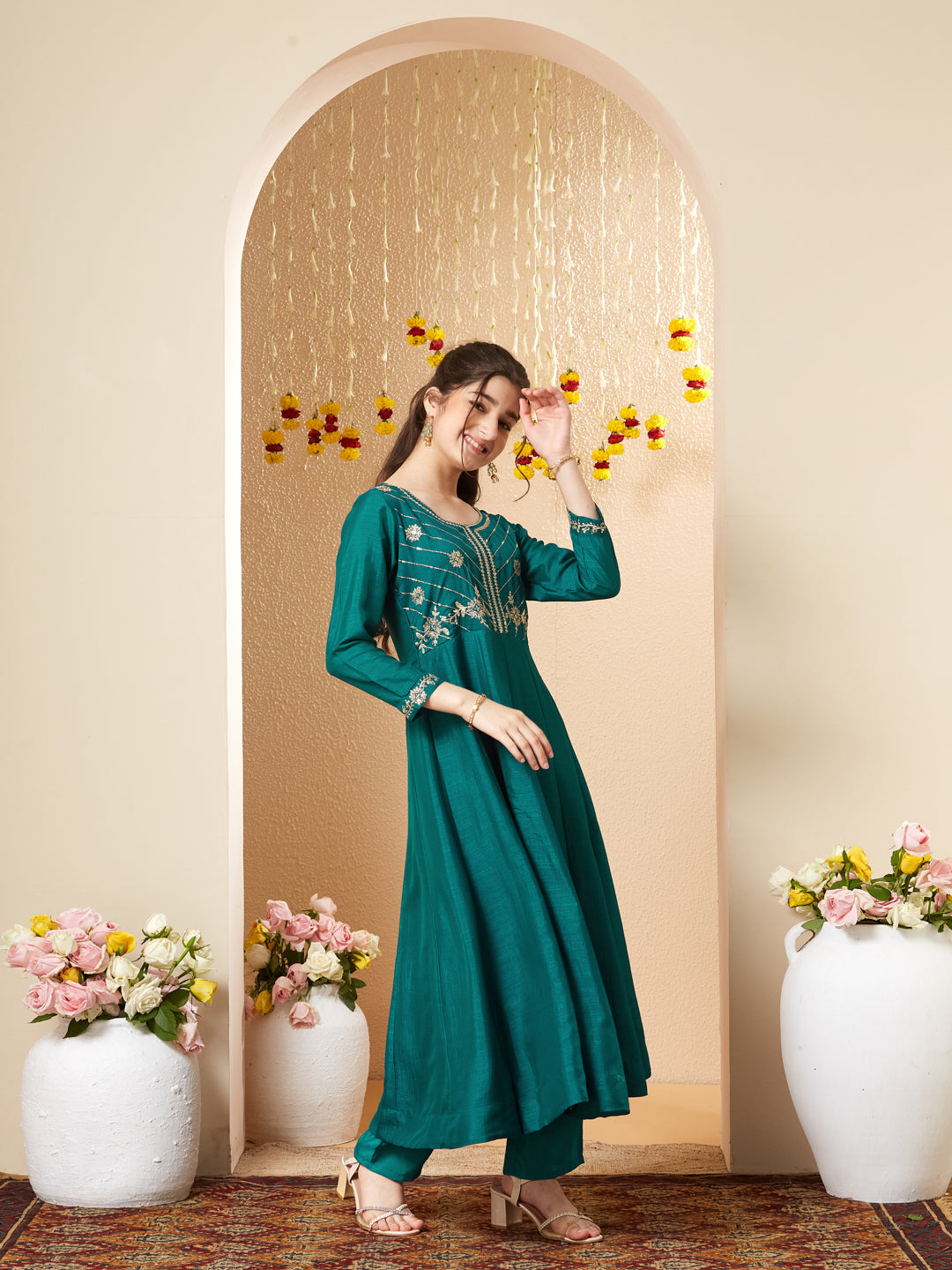 Rama Silk Embroidered Anarkali Pant & Dupatta Set for Girls