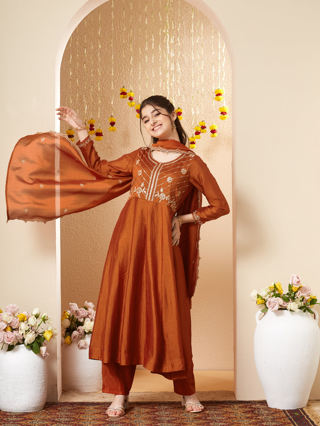 Orange Silk Embroidered Anarkali Pant & Dupatta Set for Girls