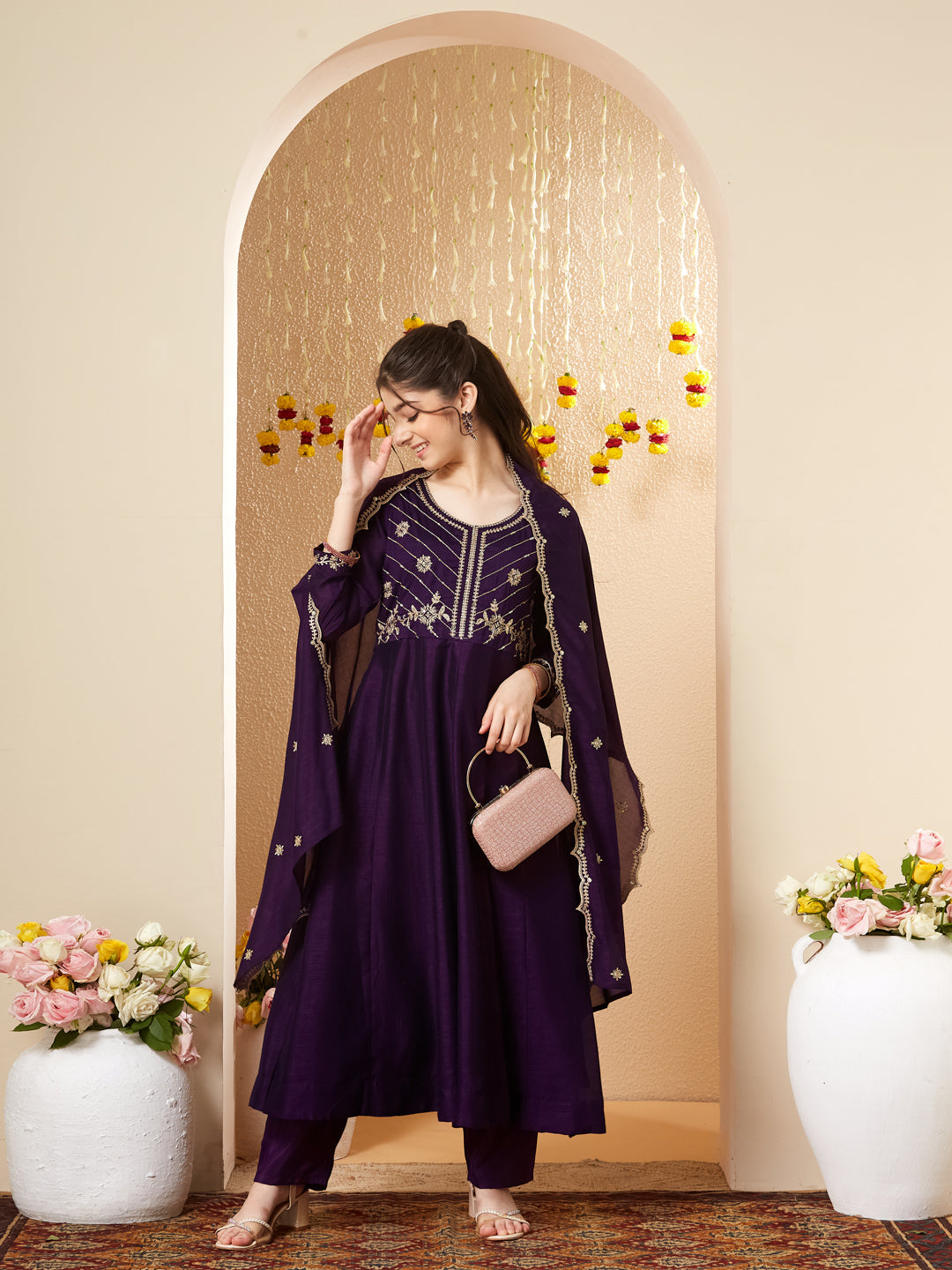 Violet Silk Embroidered Anarkali Pant & Dupatta Set for Girls