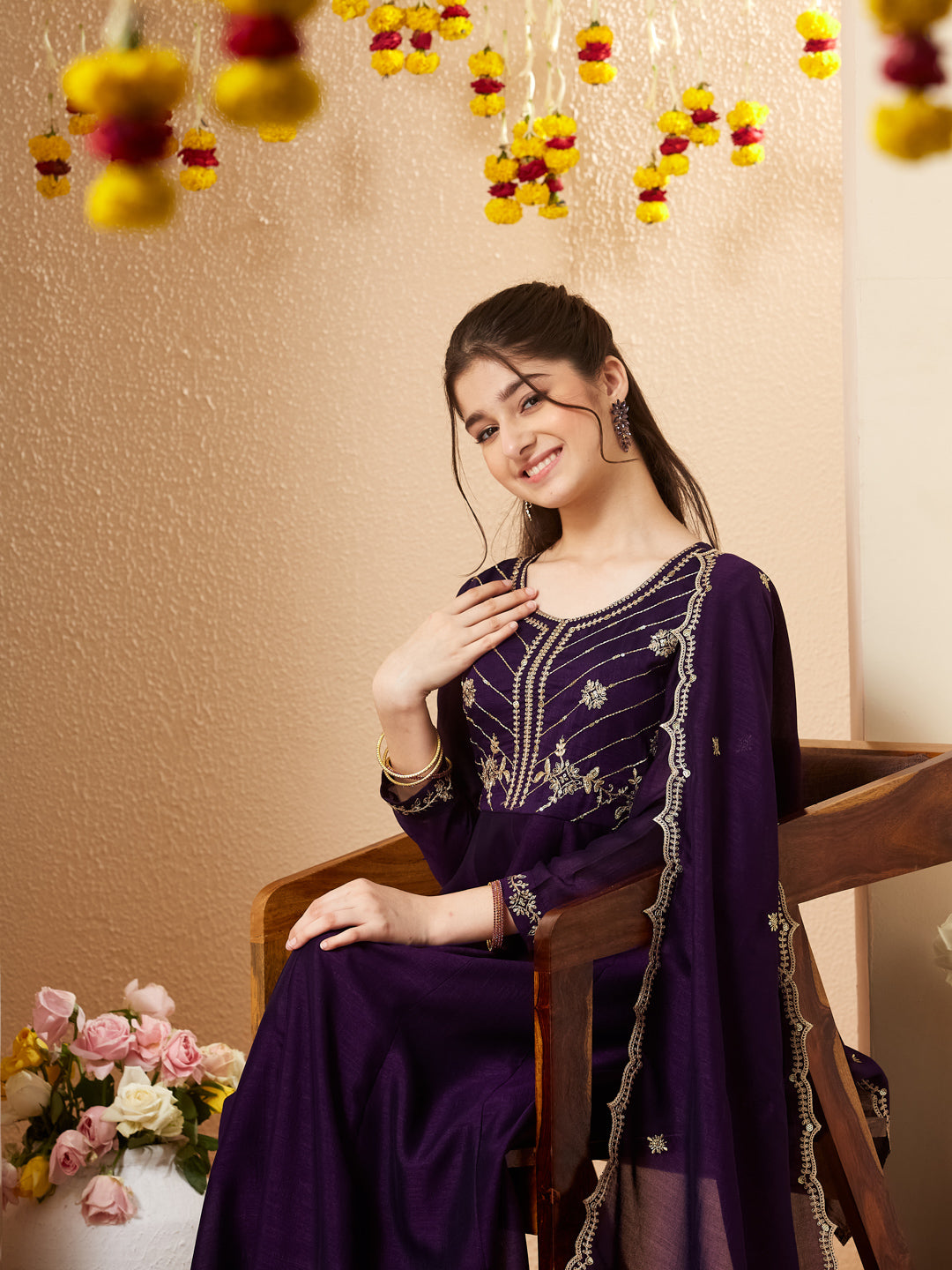 Violet Silk Embroidered Anarkali Pant & Dupatta Set for Girls