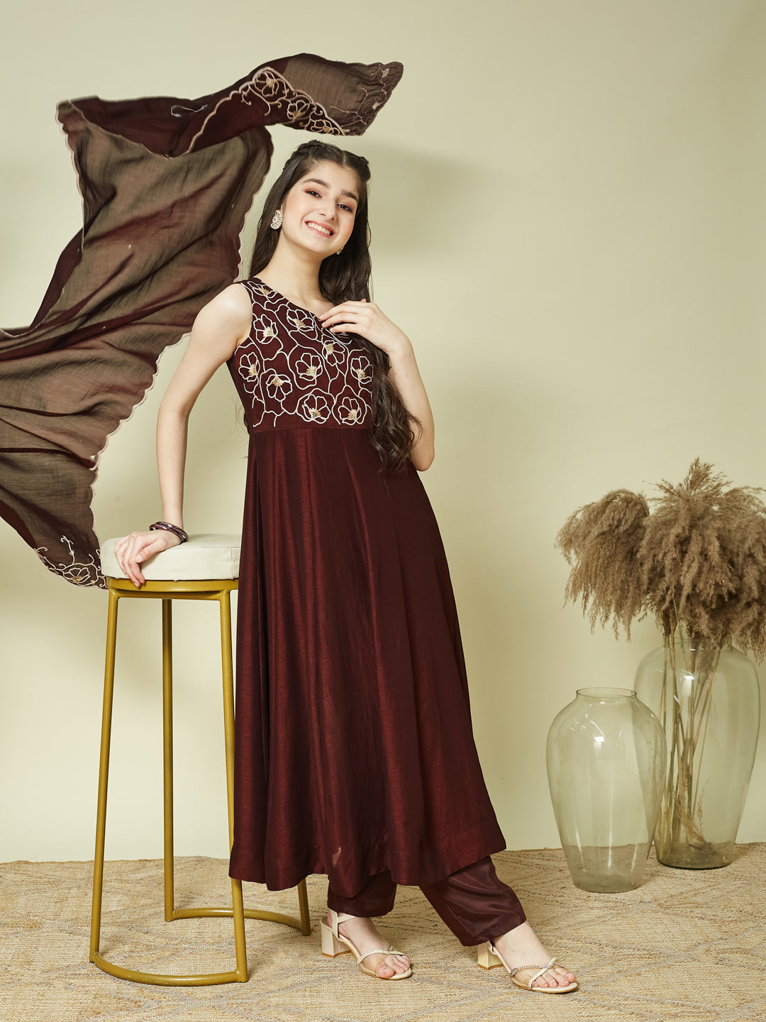 Coffee Embroidered Silk Anarkali Kurta with Dupatta Set for Girls