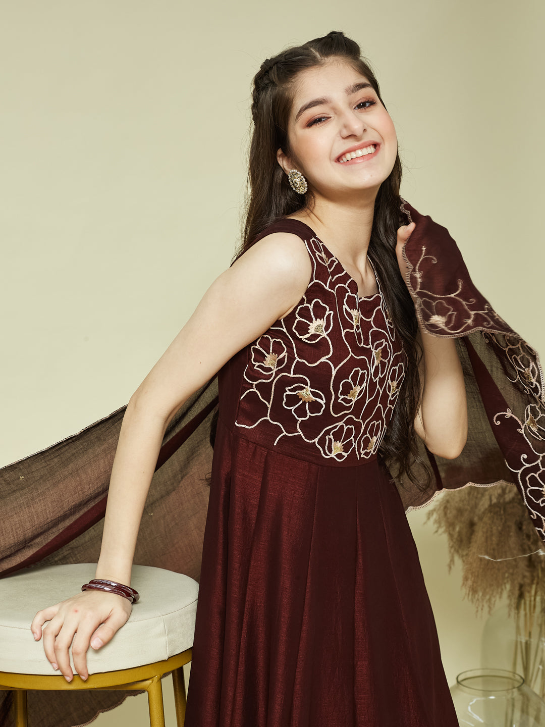 Coffee Embroidered Silk Anarkali Kurta with Dupatta Set for Girls