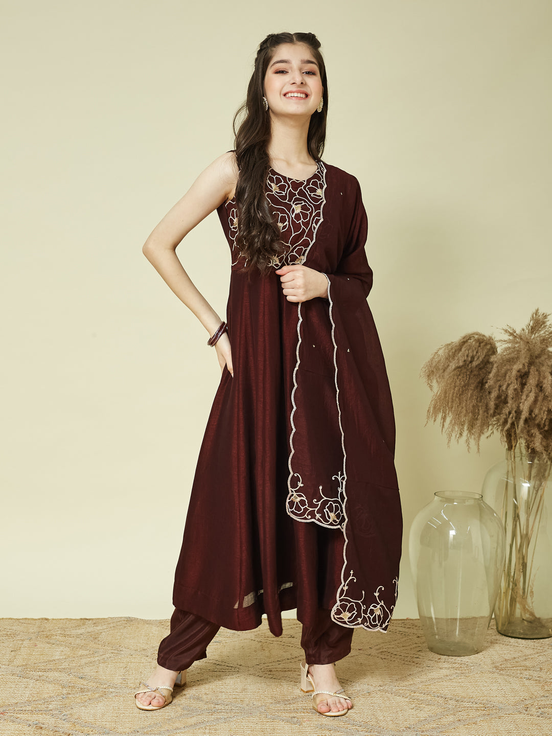 Coffee Embroidered Silk Anarkali Kurta with Dupatta Set for Girls