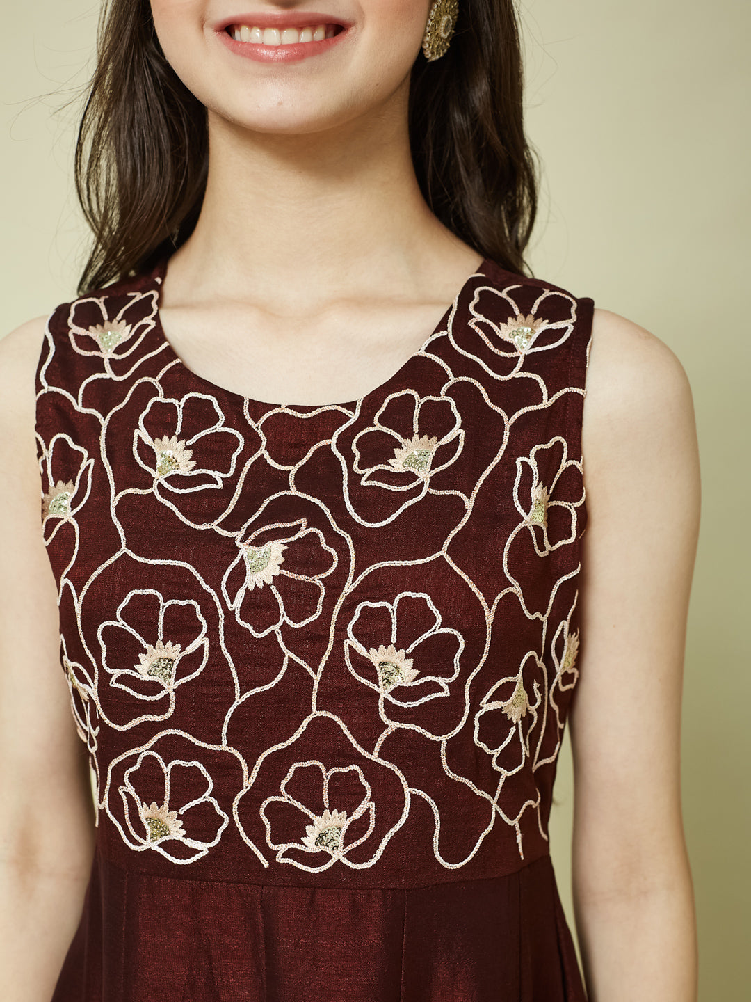 Coffee Embroidered Silk Anarkali Kurta with Dupatta Set for Girls