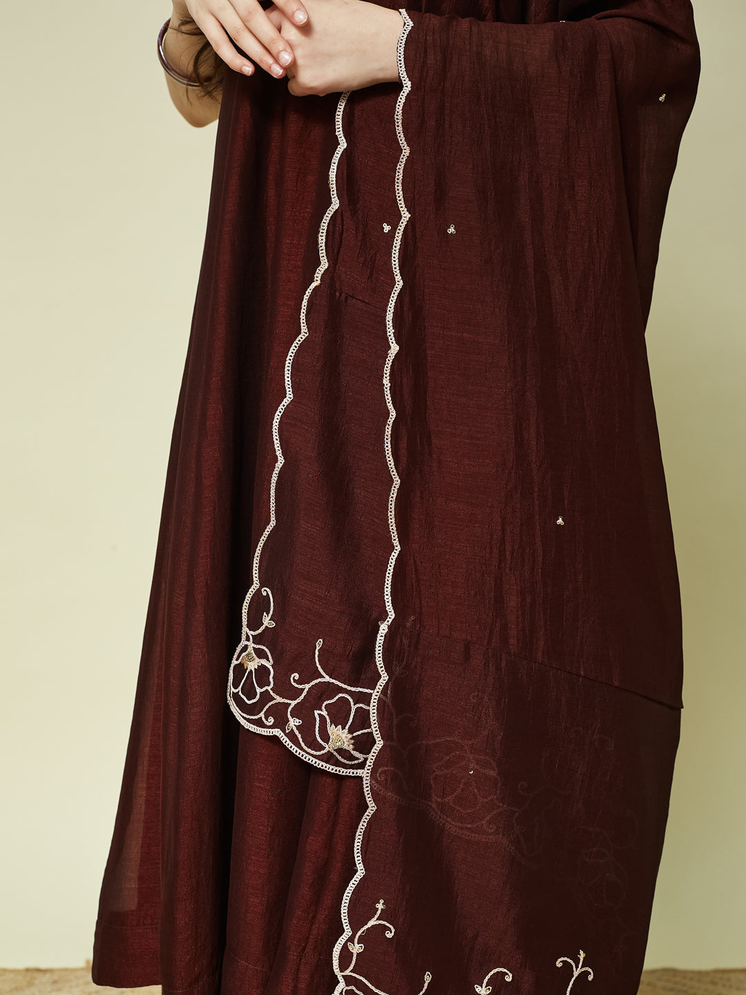 Coffee Embroidered Silk Anarkali Kurta with Dupatta Set for Girls