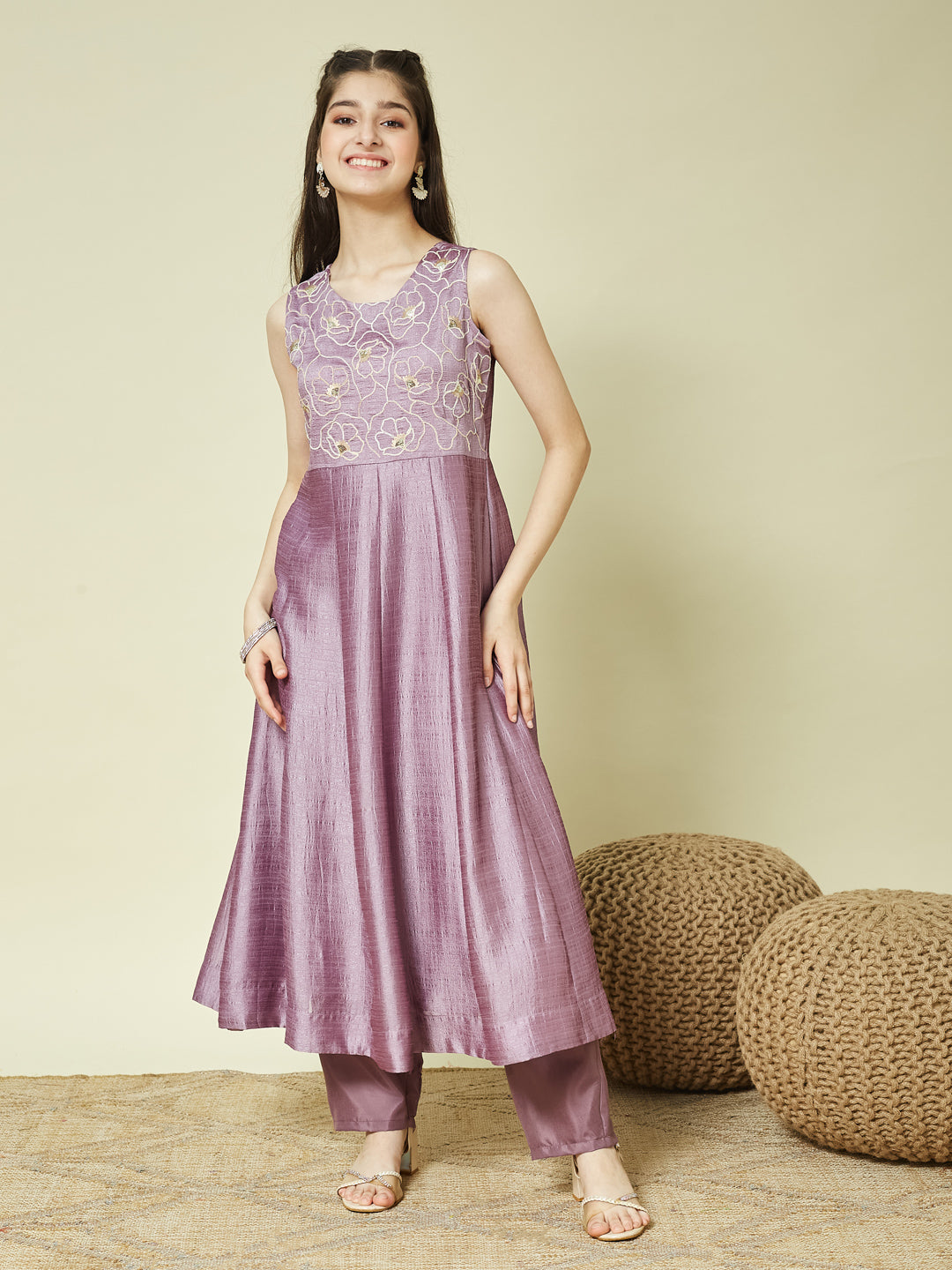 Lavender Embroidered Silk Anarkali Kurta with Dupatta Set for Girls