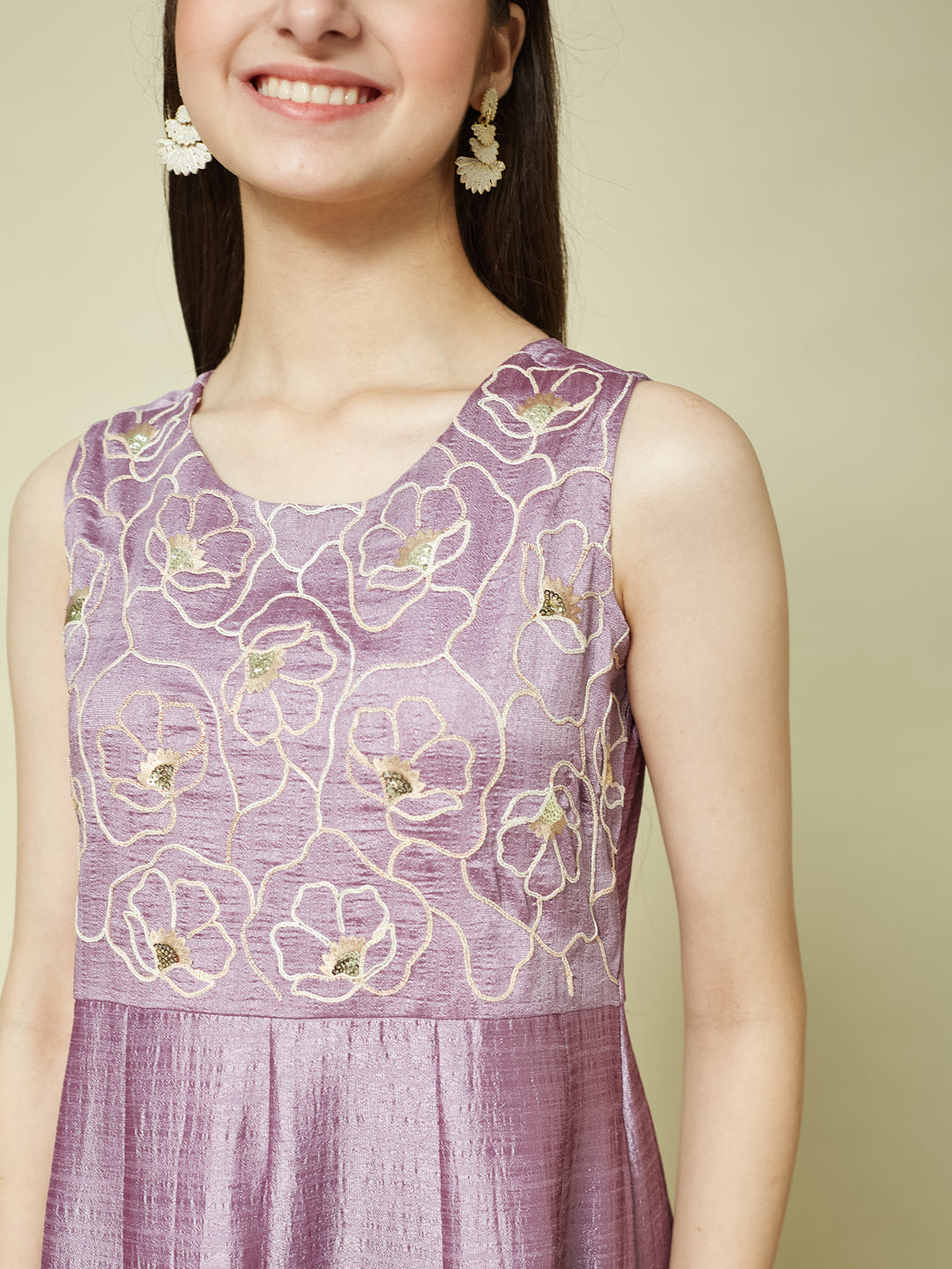 Lavender Embroidered Silk Anarkali Kurta with Dupatta Set for Girls