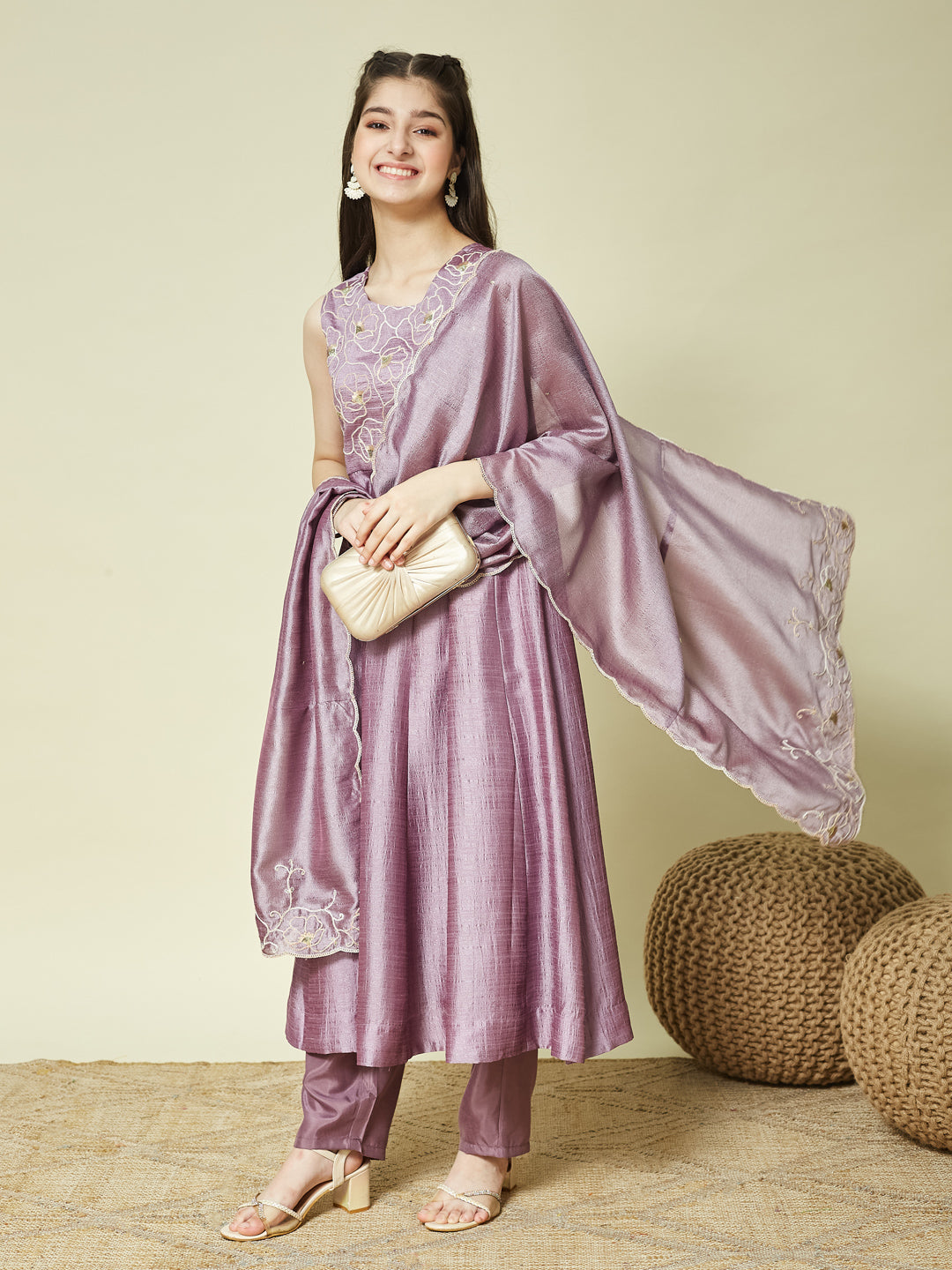 Lavender Embroidered Silk Anarkali Kurta with Dupatta Set for Girls
