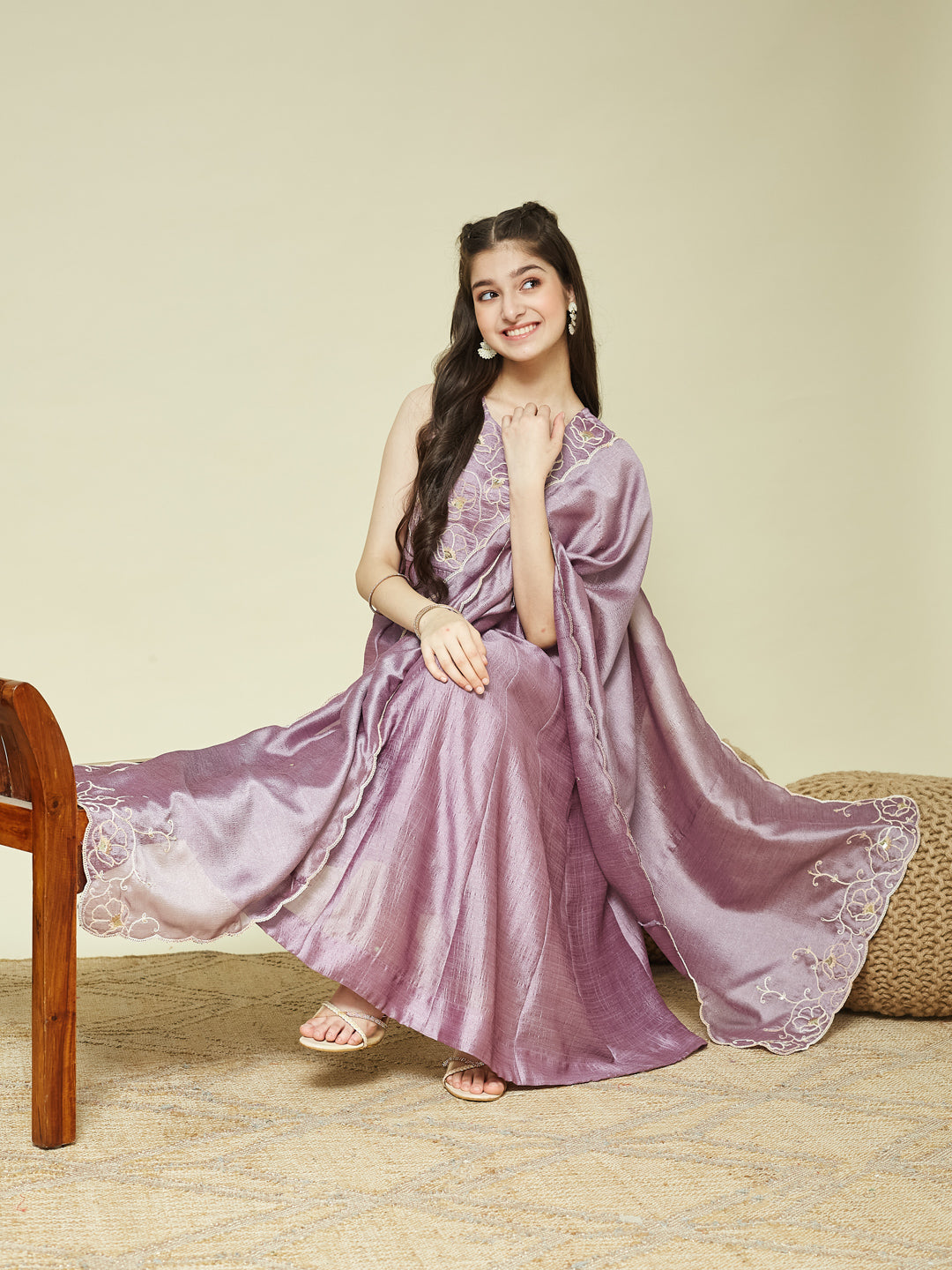 Lavender Embroidered Silk Anarkali Kurta with Dupatta Set for Girls