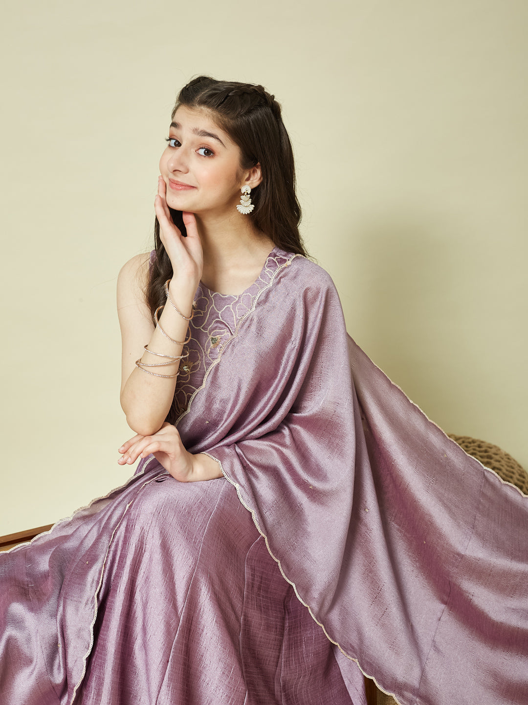 Lavender Embroidered Silk Anarkali Kurta with Dupatta Set for Girls