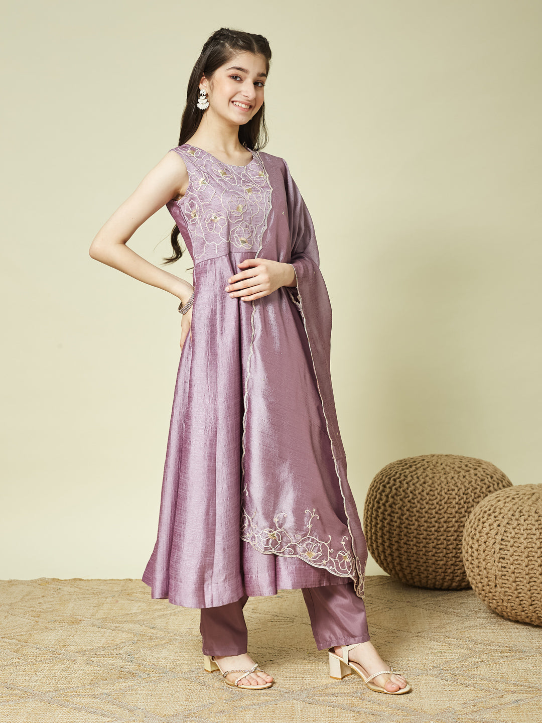 Lavender Embroidered Silk Anarkali Kurta with Dupatta Set for Girls