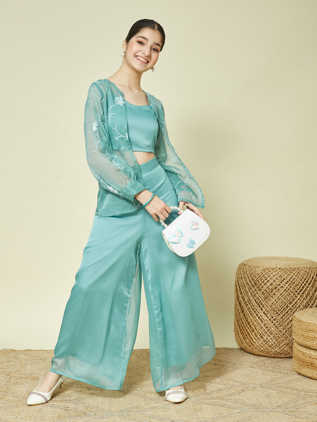 Sky Blue Chiffon Crop Top Palazzo Set with Sheer Shrug for girls