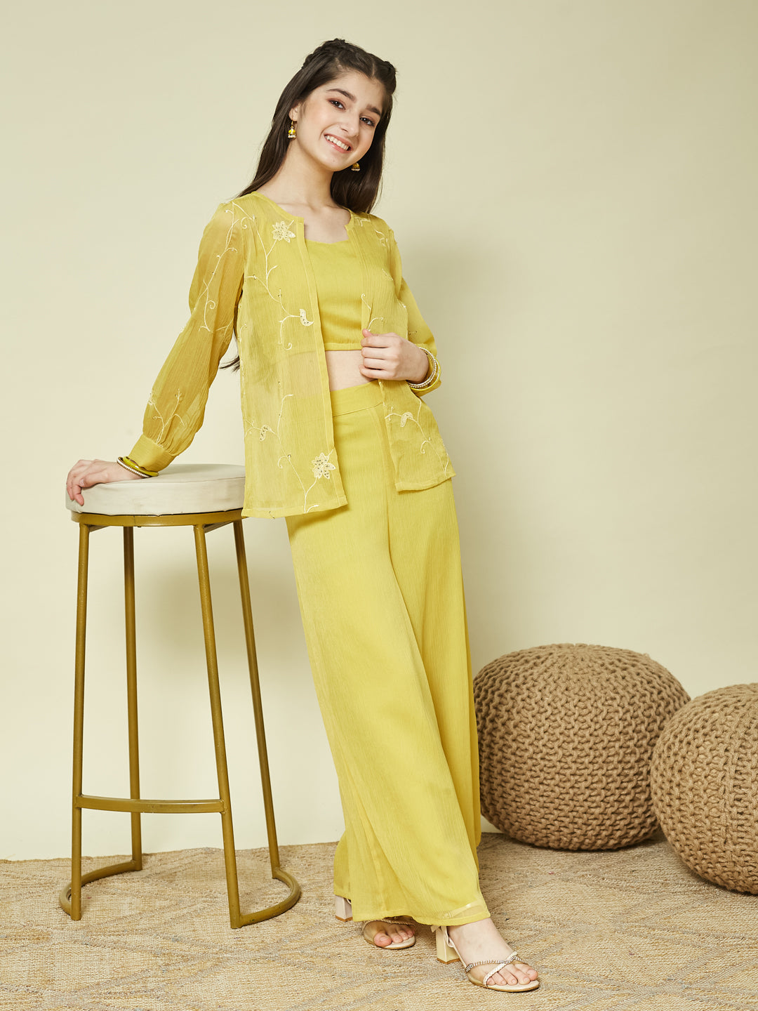 Yellow Chiffon Top Palazzo Set with Embroidered Jacket