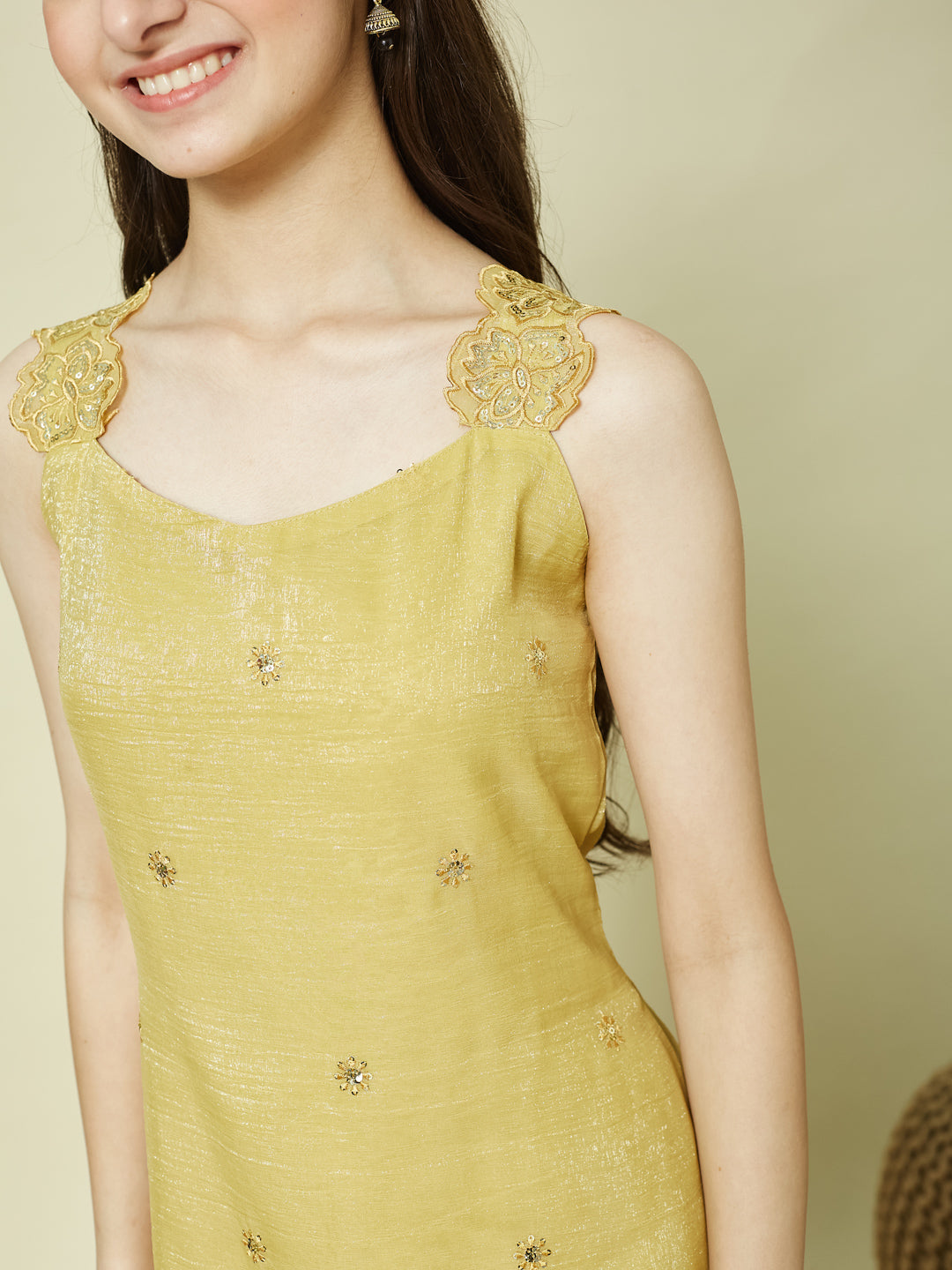 Yellow Silk Embroidered Kurta Palazzo Set with Dupatta for Girls