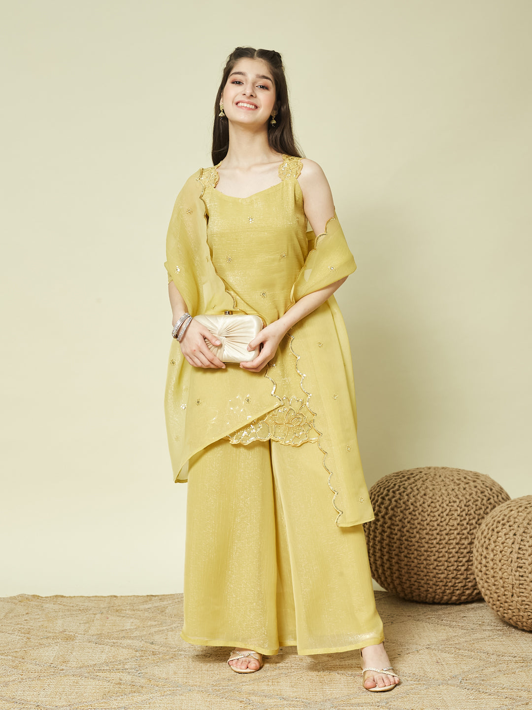 Yellow Silk Embroidered Kurta Palazzo Set with Dupatta for Girls