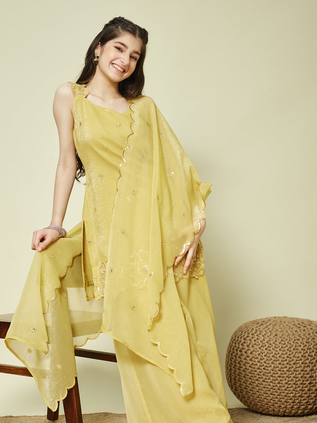 Yellow Silk Embroidered Kurta Palazzo Set with Dupatta for Girls