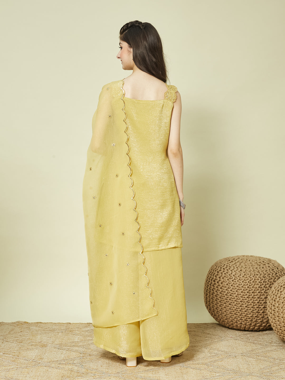 Yellow Silk Embroidered Kurta Palazzo Set with Dupatta for Girls