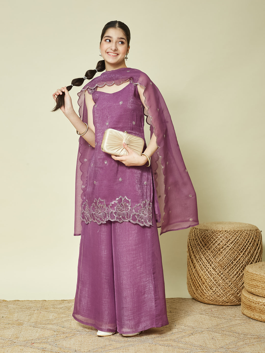 Purple Silk Embroidered Kurta Palazzo Set with Dupatta for Girls