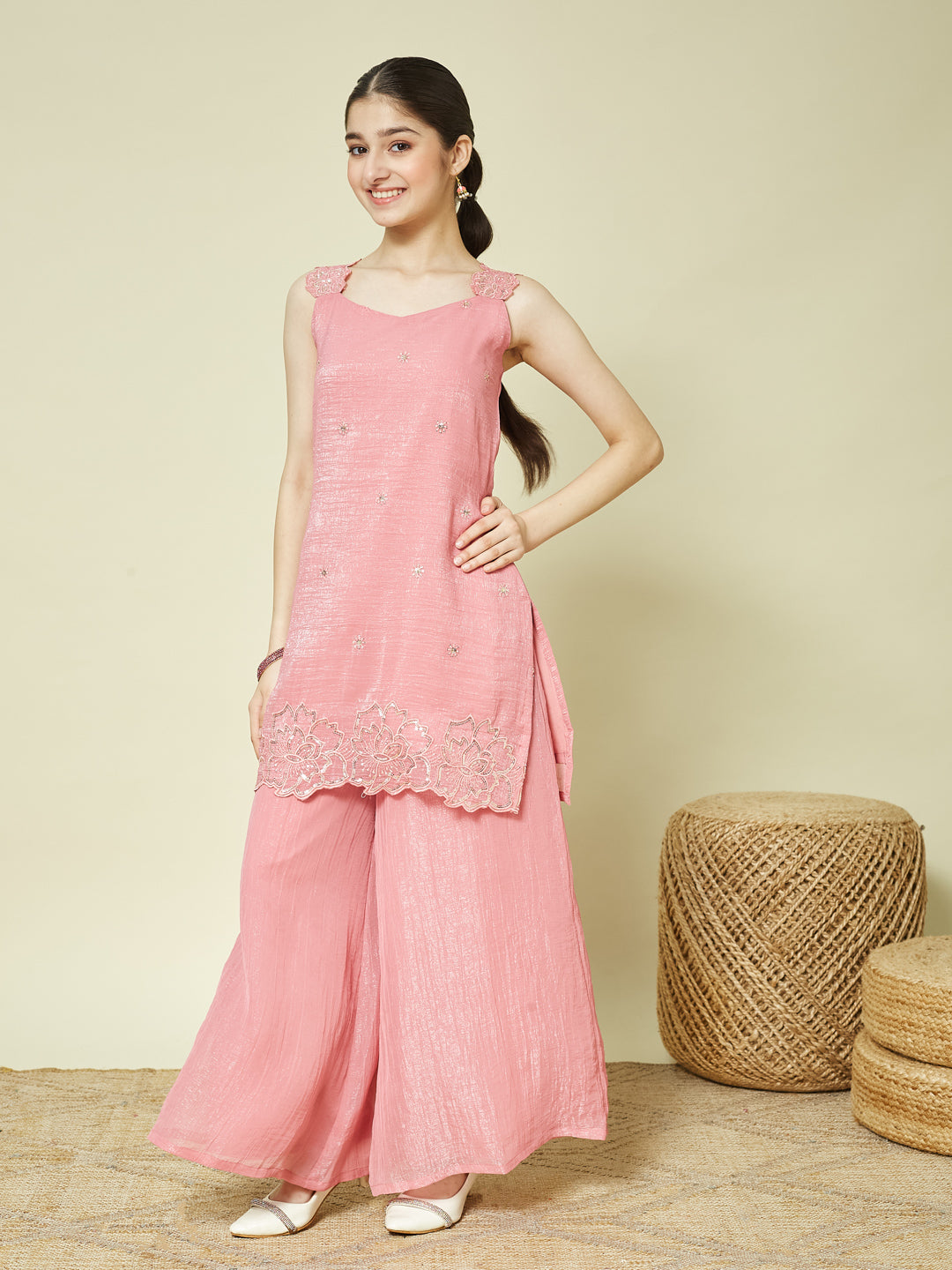 Pink Silk Embroidered Kurta Palazzo Set with Dupatta for Girls