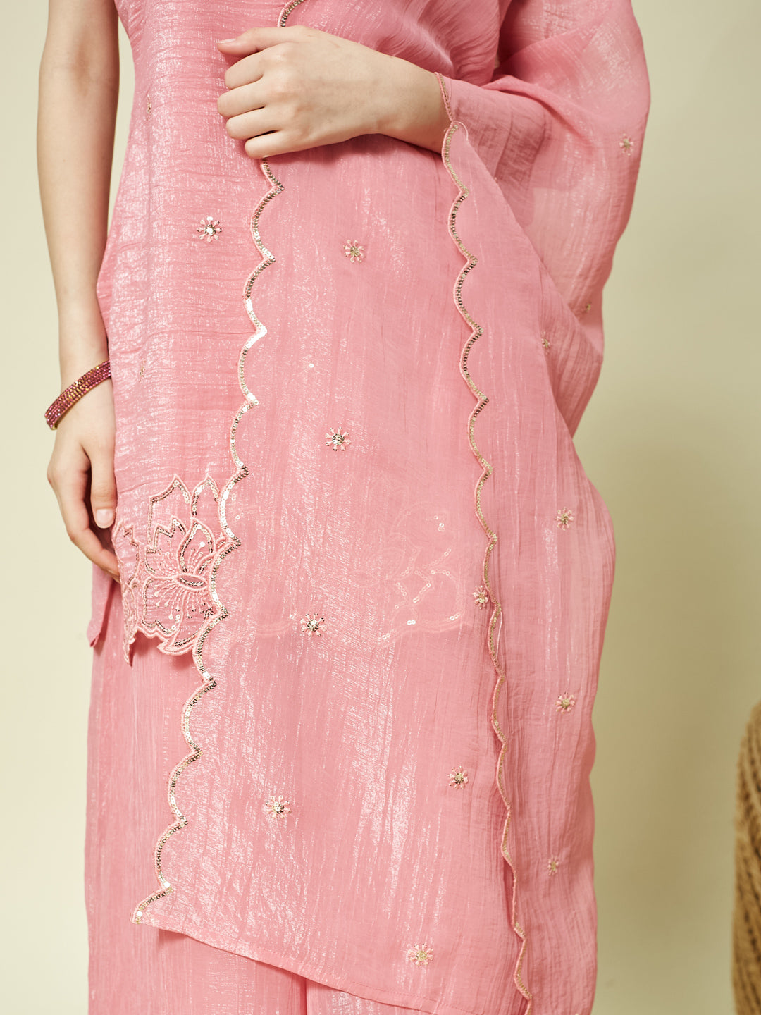 Pink Silk Embroidered Kurta Palazzo Set with Dupatta for Girls