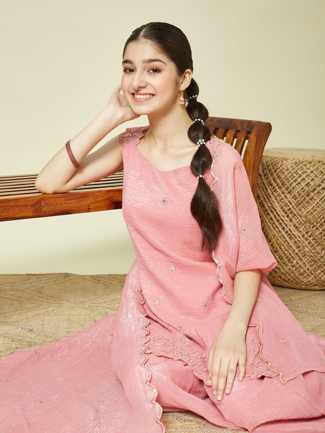 Pink Silk Embroidered Kurta Palazzo Set with Dupatta for Girls